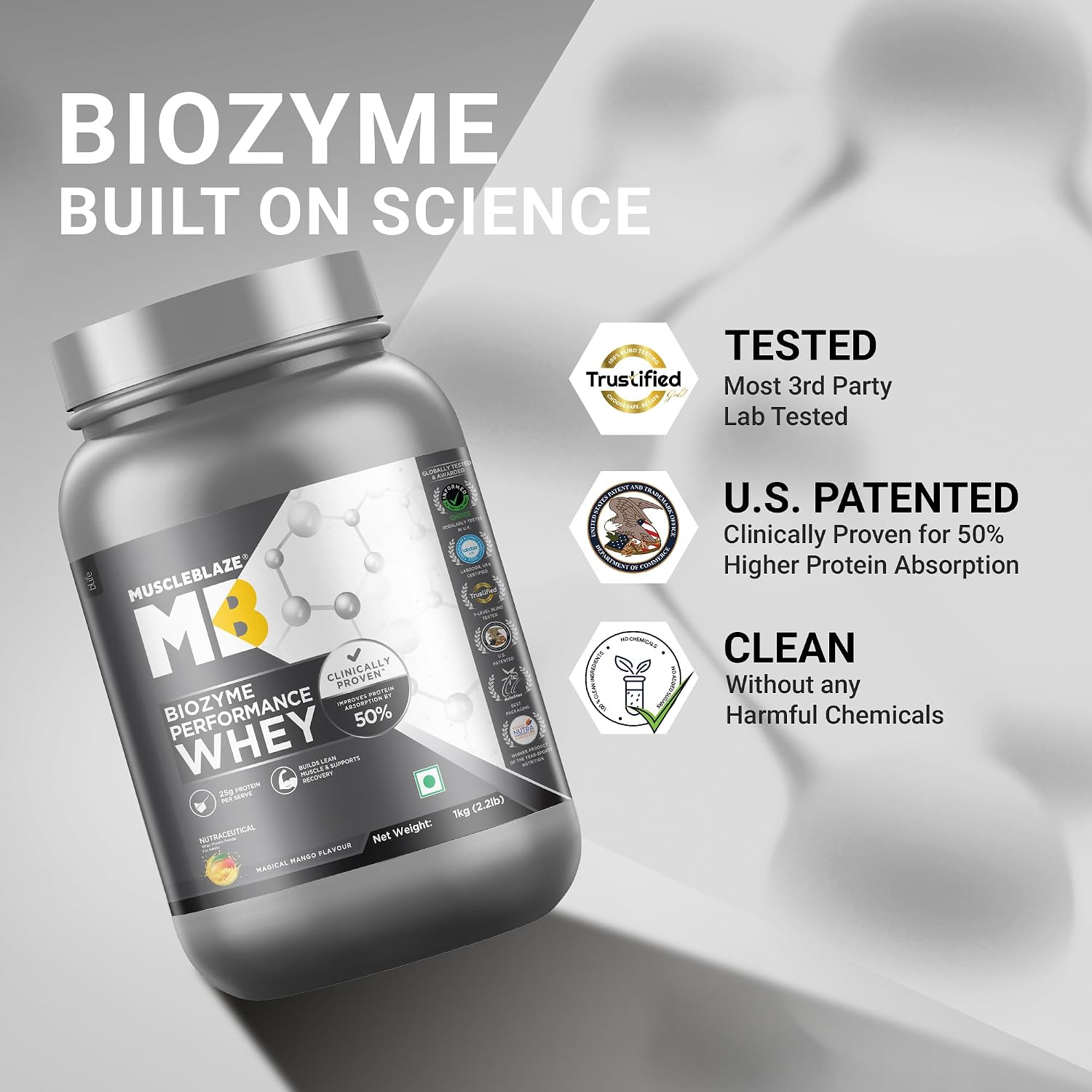 MuscleBlaze Biozyme Performance Whey Protein Powder, 1kg (2.2lbs) | Magical Mango | 25g Protein Per Scoop | Clinically Tested 50% Higher Protein Absorption