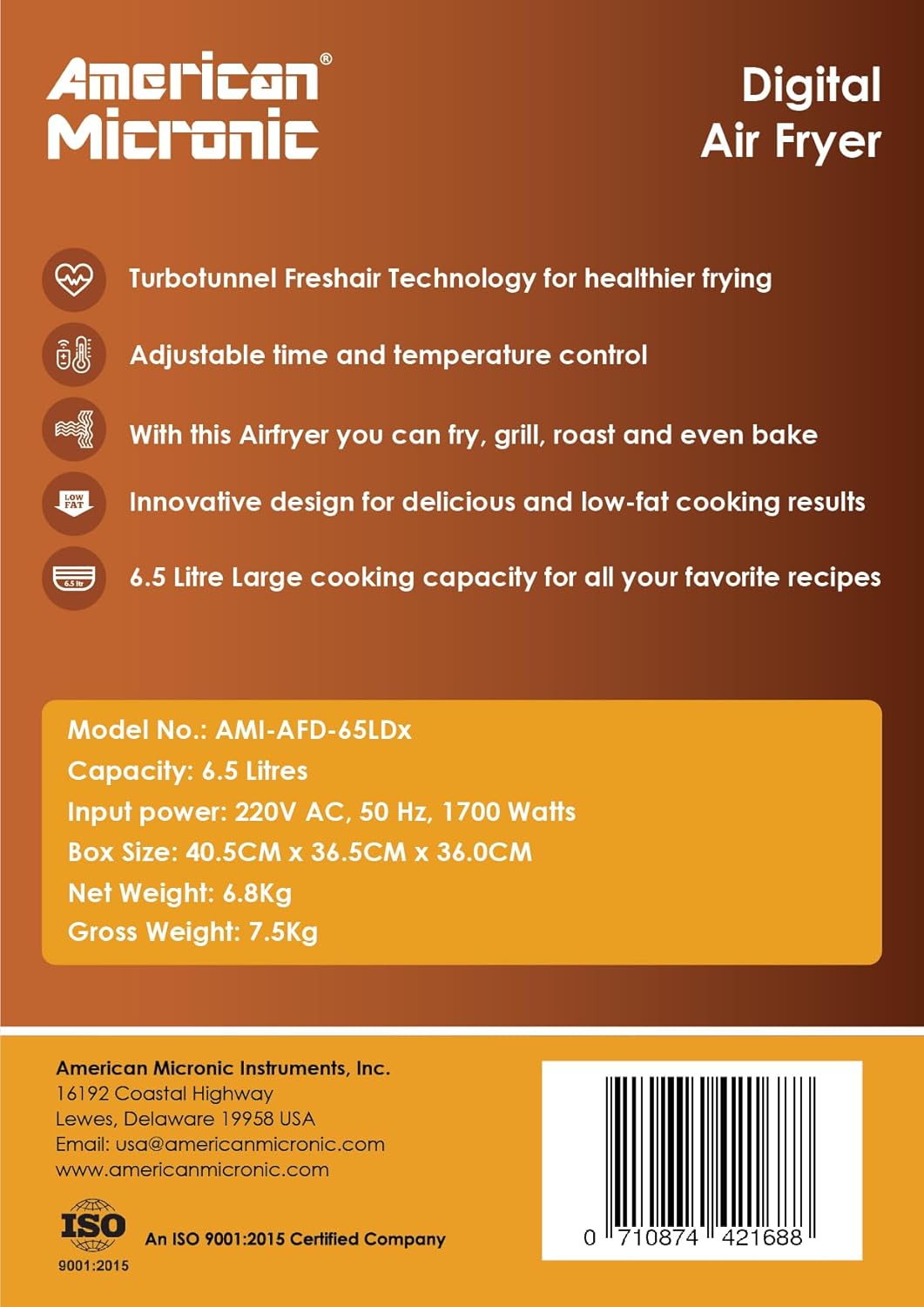 AMERICAN MICRONIC® 6.5 L Digital Air Fryer | 1700W Rapid Air Technology | 200°C Max Temp | 60-Min Timer | 8 Preset Menus | Removable Basket | Includes Recipe Book | AMI-AFD-65LDx (Black & Steel)