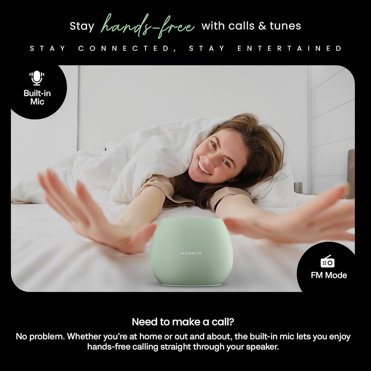 HAMMER Drop 5W Bluetooth Wireless Speaker with Twin Pairing, 1200 mAh Battery, 100H Standby Time, TWS Function, TF Card, USB Slot, Auto-Pairing, in-Built Mic, Type-C Charging, 52mm Driver (Green)