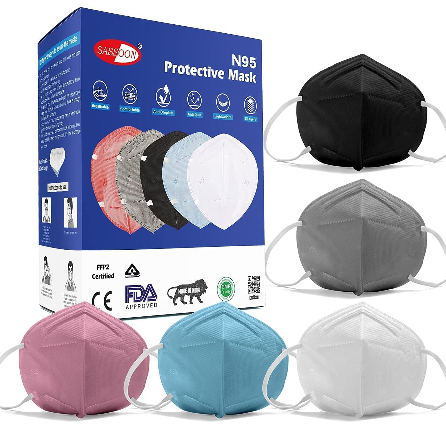 Sassoon® BIS Approved N95 Face Mask for Men & Women (Multi, Pack of 5) - Anti Pollution Cotton Reusable & Washable Mask with 6 Layer Protection, Comfortable ear bands & adjustable nose clip - Springkart 