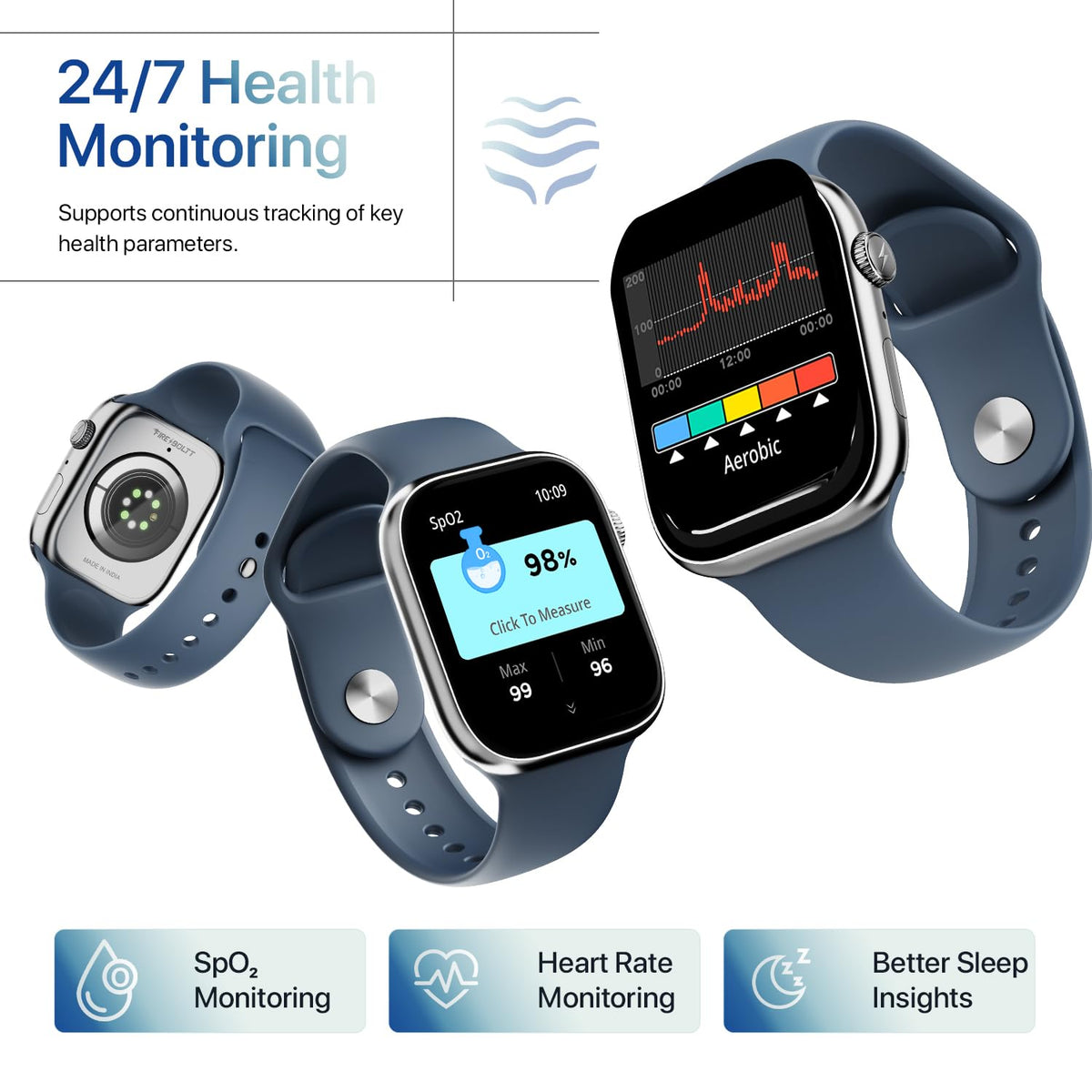 Fire-Boltt Ninja X Ring Smart Watch with 1.96” Large Display, Bluetooth Calling, Wireless Charging, AI Voice Assistant, 500+ Watch Faces, Health Suite, Smart Watch for Man & Woman – Blue S