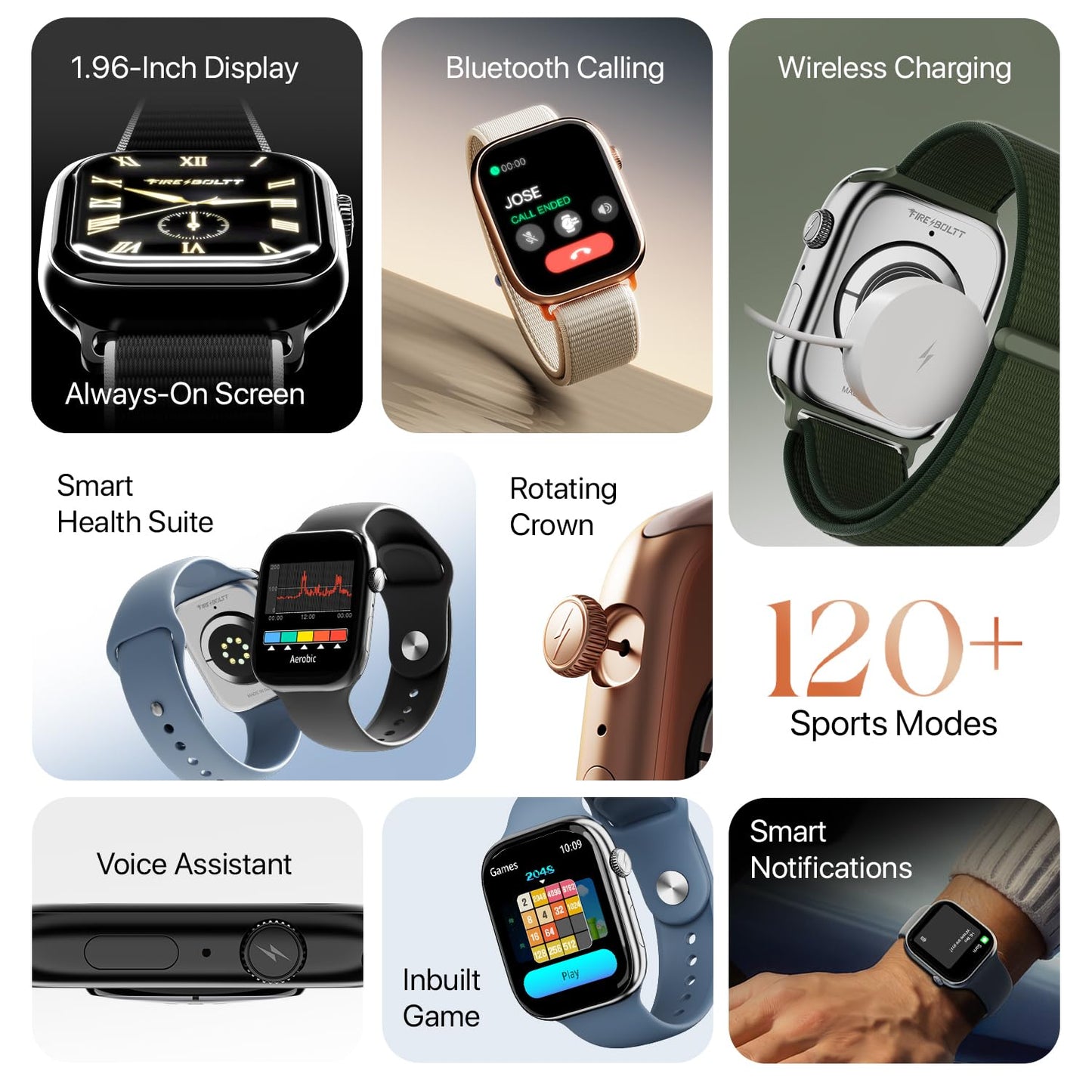 Fire-Boltt Ninja X Ring Smart Watch with 1.96” Large Display, Bluetooth Calling, Wireless Charging, AI Voice Assistant, 500+ Watch Faces, Health Suite, Smart Watch for Man & Woman – Black S