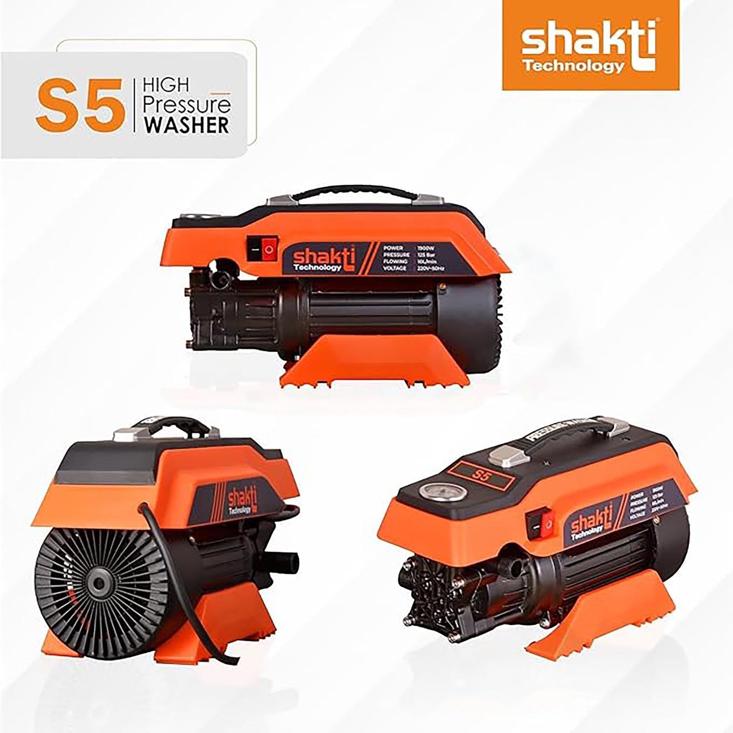 Shakti Technology S5 High Pressure Car Washer Machine 1900 Watts, Pressure 125 Bar, 8L/Min Flow Rate and 10 Meter Hose Pipe with Professional 1L Foam Cannon Snow Lance - Springkart 