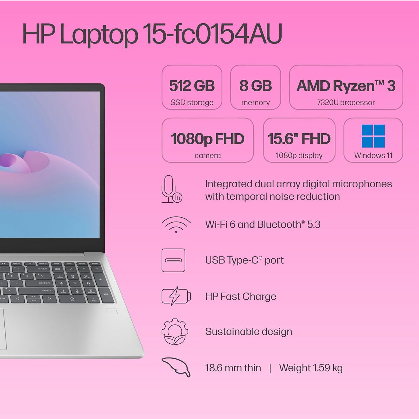 HP 15, AMD Ryzen 3 7320U (8GB LPDDR5, 512GB SSD) FHD, Anti-Glare, Micro-Edge, 15.6"/39.6cm, Win 11, Office 21, Silver, 1.59kg, fc0154AU, AMD Radeon Graphics, 1080p FHD Camera Laptop