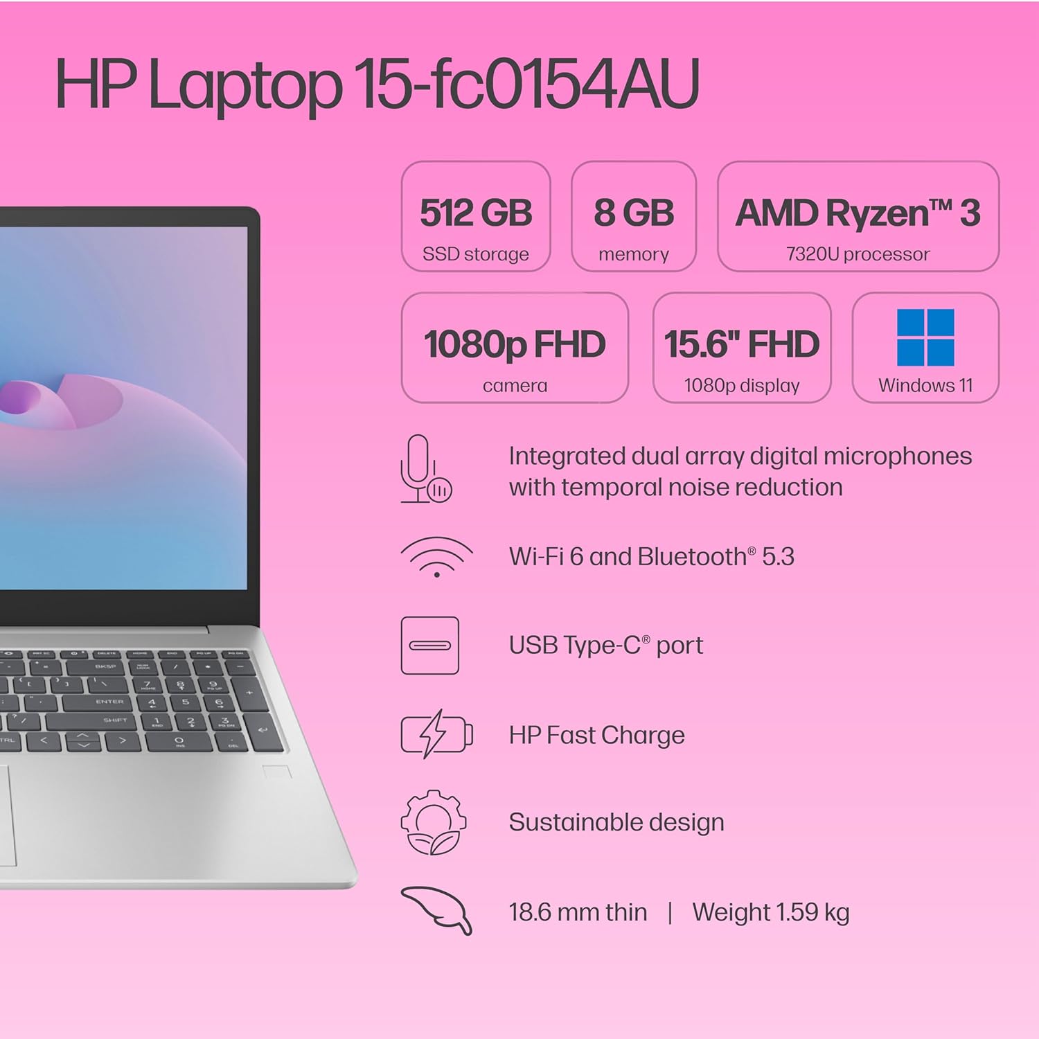 HP 15, AMD Ryzen 3 7320U (8GB LPDDR5, 512GB SSD) FHD, Anti-Glare, Micro-Edge, 15.6"/39.6cm, Win 11, Office 21, Silver, 1.59kg, fc0154AU, AMD Radeon Graphics, 1080p FHD Camera Laptop