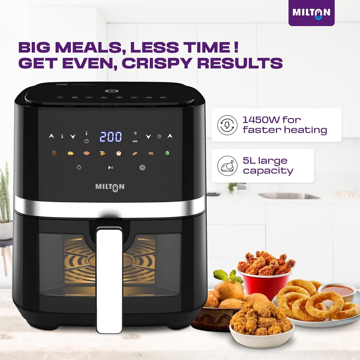 Milton Rapid Digital Air Fryer 5L | 1450W | 360° High Speed Air Circulation | Up to 90% Less Oil Usage | 8 Preset Menus | Touch Control Panel & Digital Display | Auto Shut-Off | 1 Year Warranty