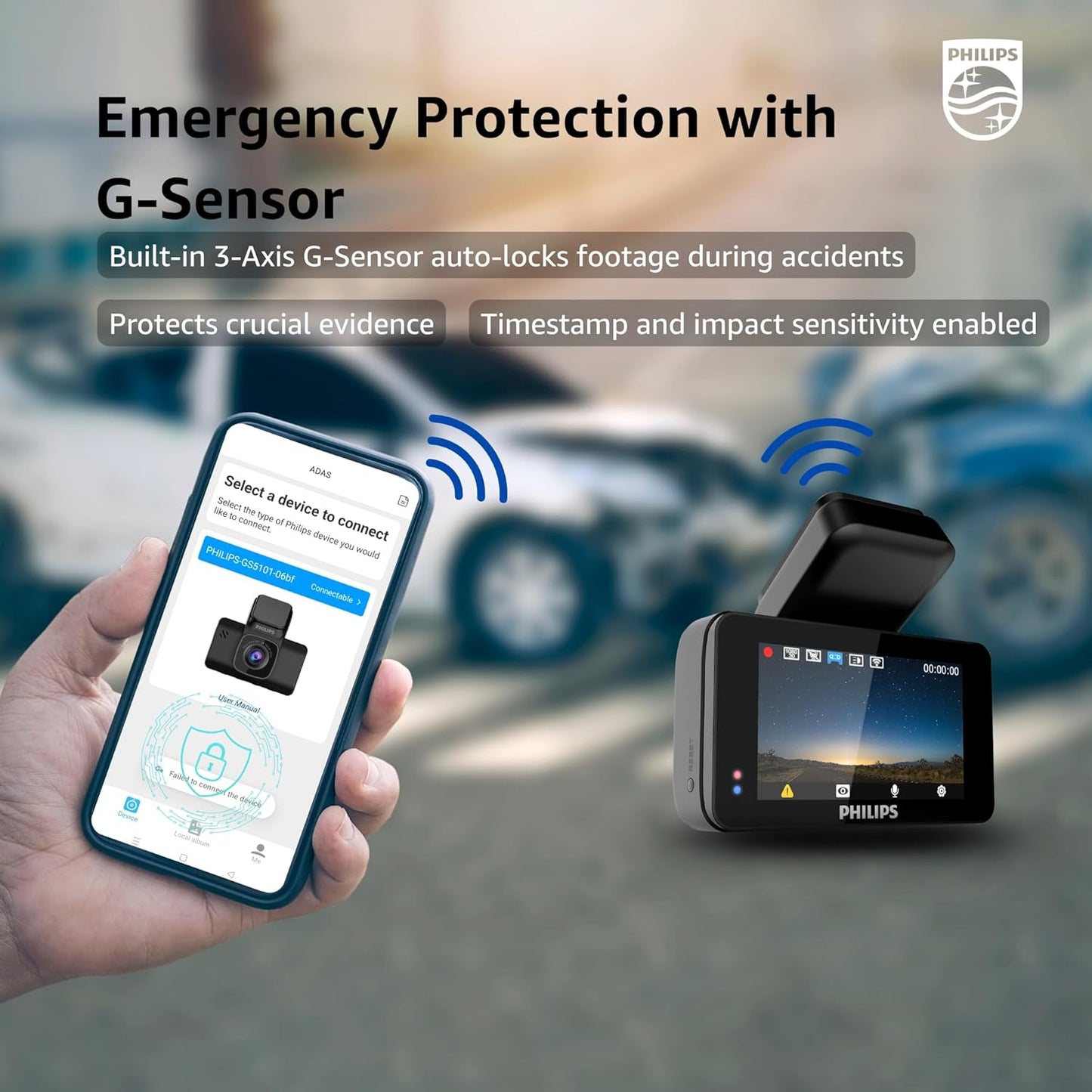 Philips GoSure 5101 Dash Cam for Car | 2K QHD 1600p Sony STARVIS IMX335 | 135° Wide Angle | Night Vision | G-Sensor | Loop Recording | Wi-Fi App | Car Camera Recorder