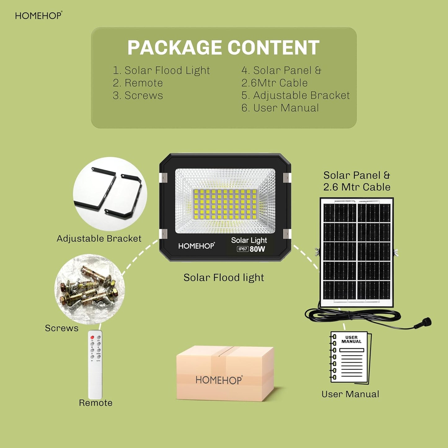 Homehop Solar Flood Light Outdoor 80 Watt Waterproof Wireless Wall Lamp for Garden, Home, Balcony and Patio Auto On Off with Remote (4 Ah, Cool White)