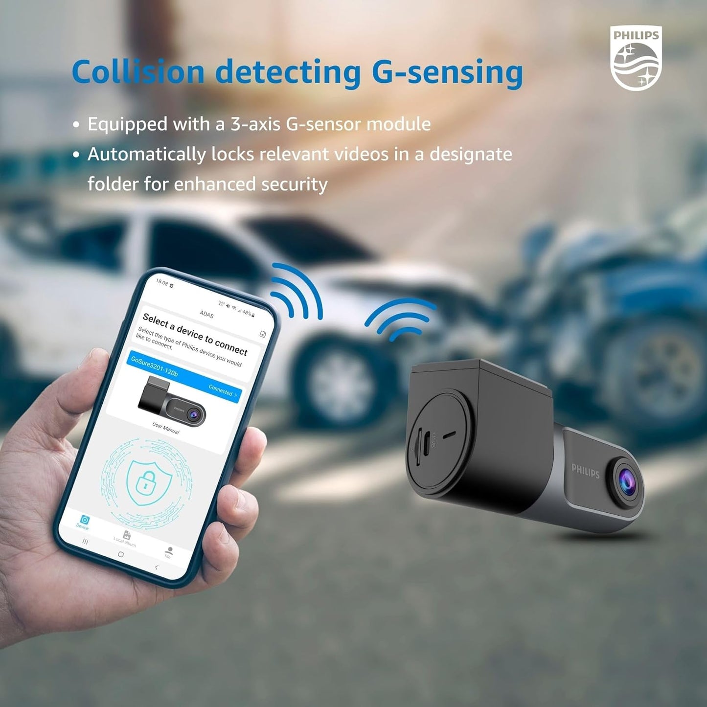 Philips GoSure 3001 Dash Cam for Car, Full HD 1080p, G-Sensor, Loop Recording, Night Vision, Wide Angle Lens, Car DVR Camera, Compact Design – Black