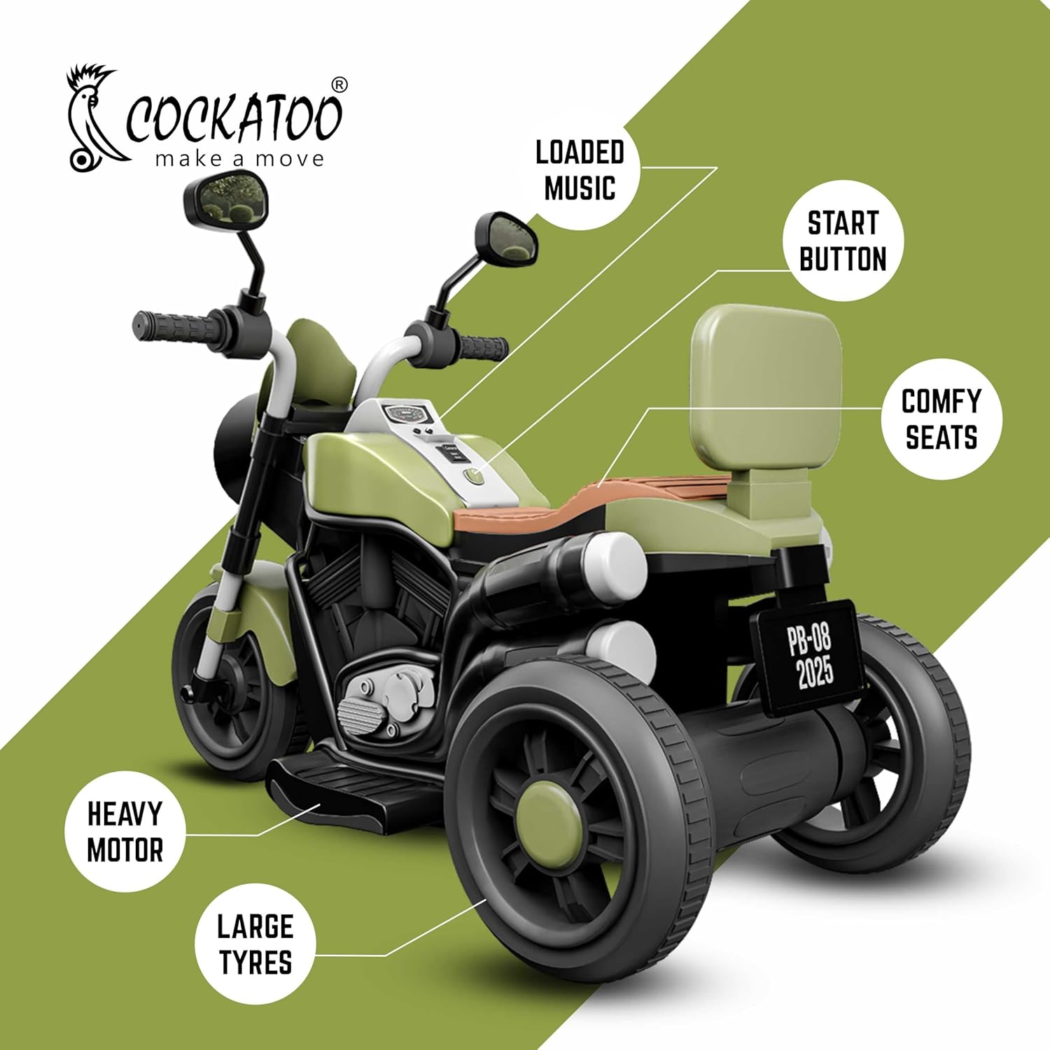 Cockatoo 5ECruise Rechargable Electric Kids Bike with Music&LED, Kids Scooter Bike for 1-5 Years Boys&Girls Powered by 6V Battery & Motor for 4.5-6Hr Ride with Foot Accelerator(Harrlay,Green)