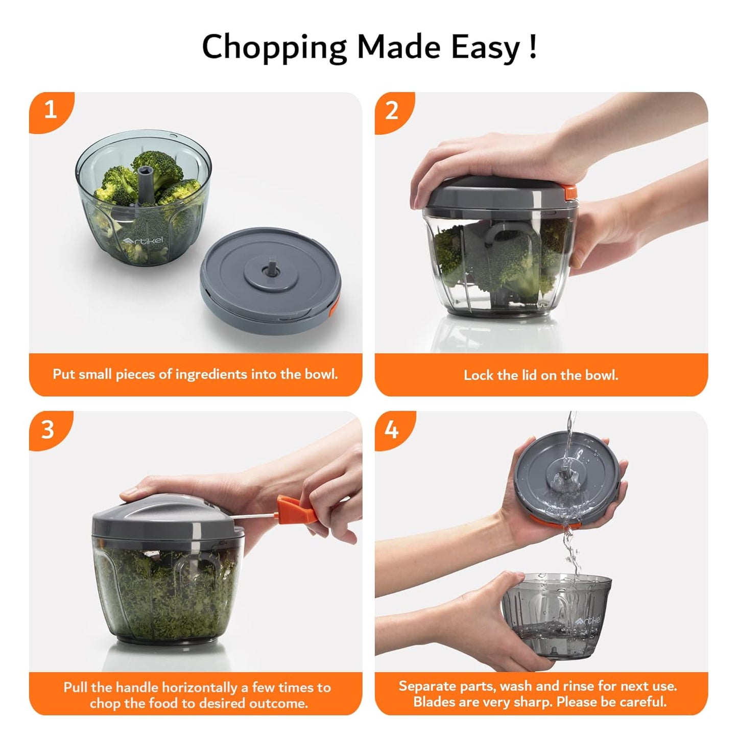 Artikel Manual Chopper with Storage Lid | Chops Vegetables, Nuts & Fruits | Meat Mincer | Medium - 650 mlGrey & Orange - Springkart 
