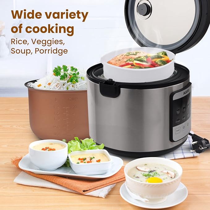 AGARO Royal Electric Rice Cooker, 5 Litre Ceramic Coated Inner Bowl, Steam Basket, 6 Preset Cooking Function With Advanced Fuzzy Logic, Keep Warm Function, 1.5Kgs (approx. 10 cups) raw rice, Silver