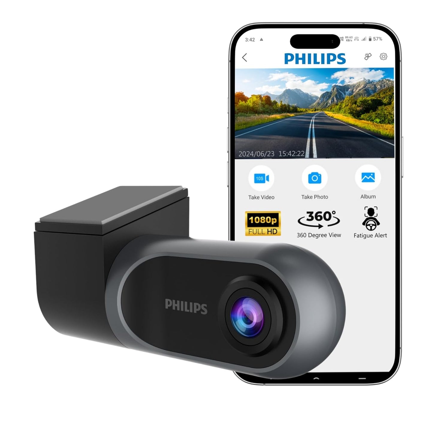 Philips GoSure 3001 Dash Cam for Car, Full HD 1080p, G-Sensor, Loop Recording, Night Vision, Wide Angle Lens, Car DVR Camera, Compact Design – Black