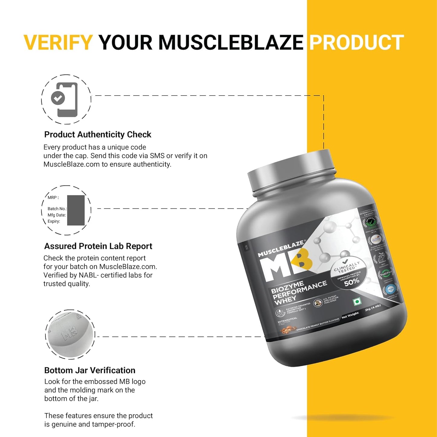 MuscleBlaze Biozyme Performance Whey Protein Powder, Chocolate Peanut Butter (2kg / 4.4lbs) | 25g Protein Per Scoop | Clinically Tested 50% Higher Protein Absorption