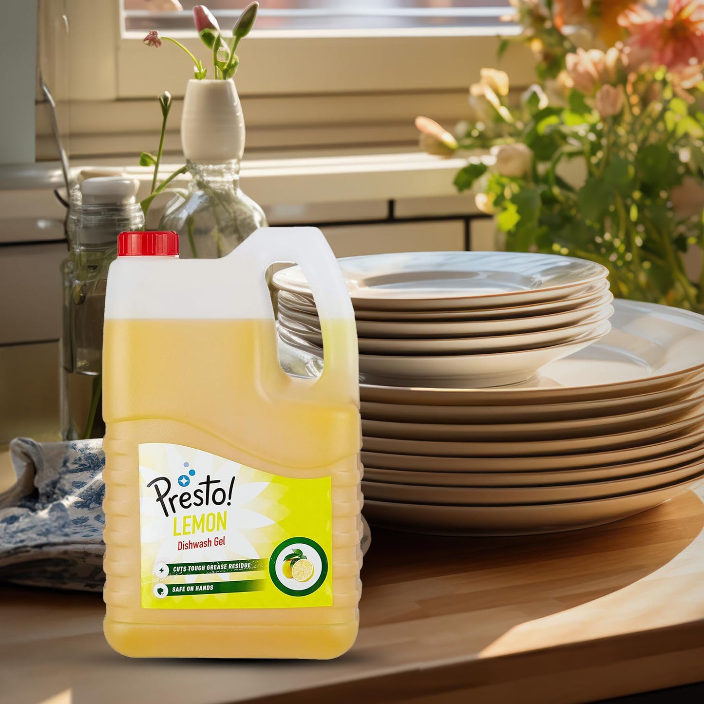 Amazon Brand - Presto! Dishwash Gel | Lemon | 5 Litre Refill Can | Dishwash Liquid | Cuts Through Grease | Safe On Hands