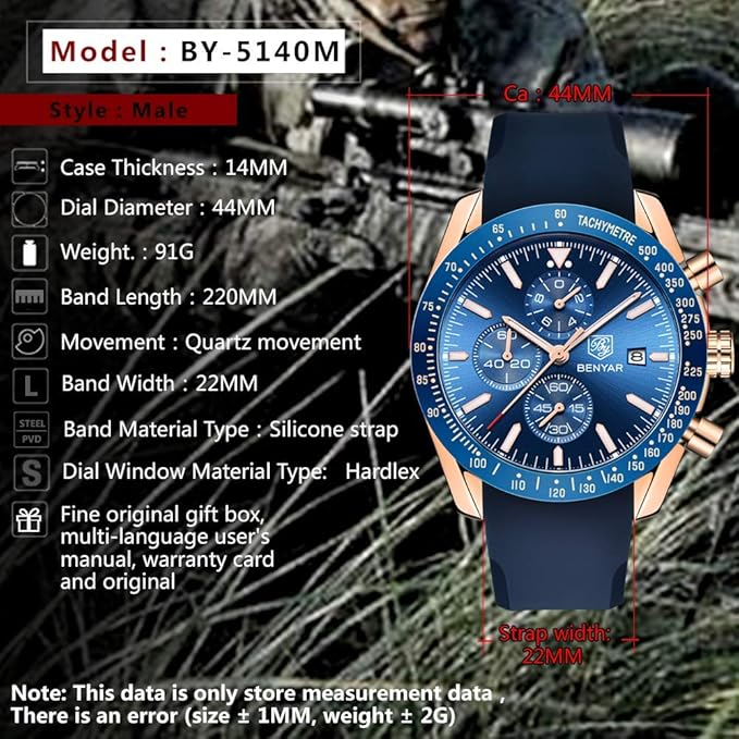 BENYAR Men's Luxury Chronograph Watch Blue Dial – Business, Casual | Quartz Movement with Date Display | Stylish Wristwatch | Gift for Men