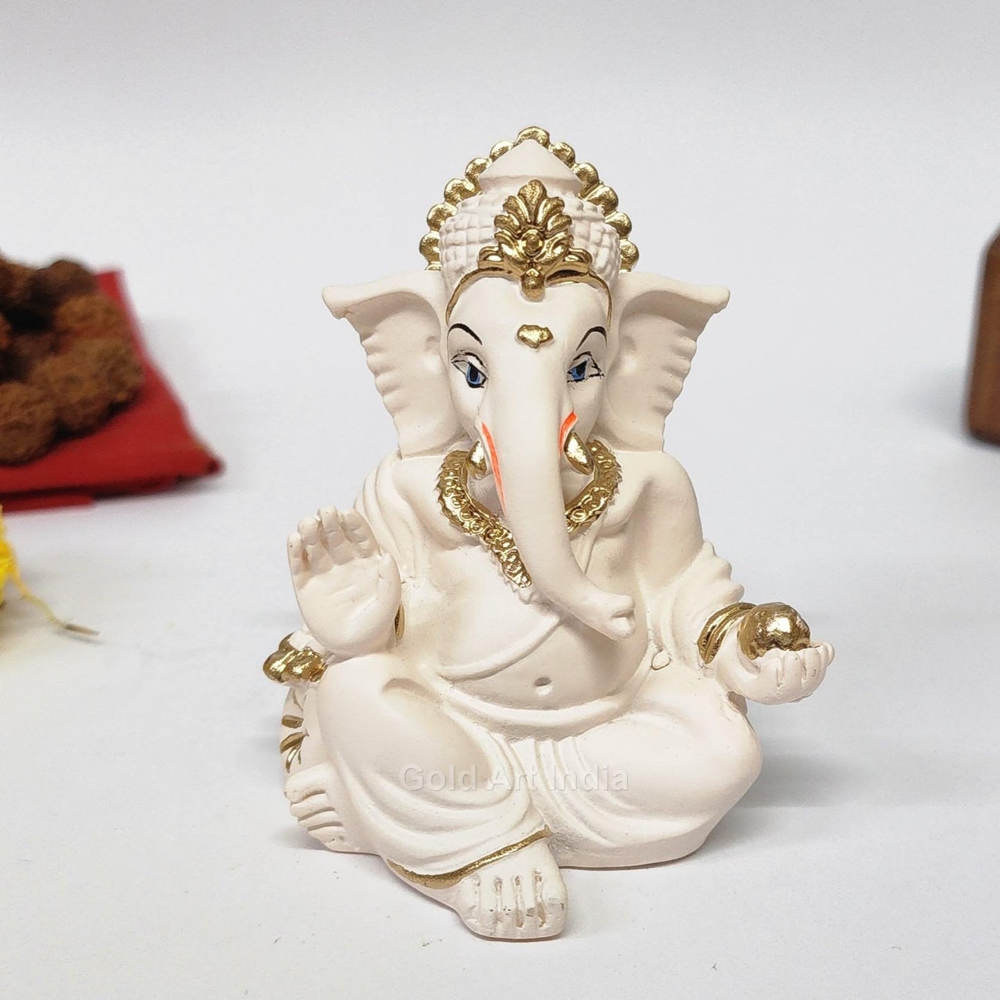 Gold Art India Gold and Silver Plated Matte Finish Ganesh Idol For Car Dashboard Ganesha Murti Ganpati Idol For Home Decor Puja Lord Ganesh Statue Gift For Office Desk Puja Room Figurine, 3 x 3 inches