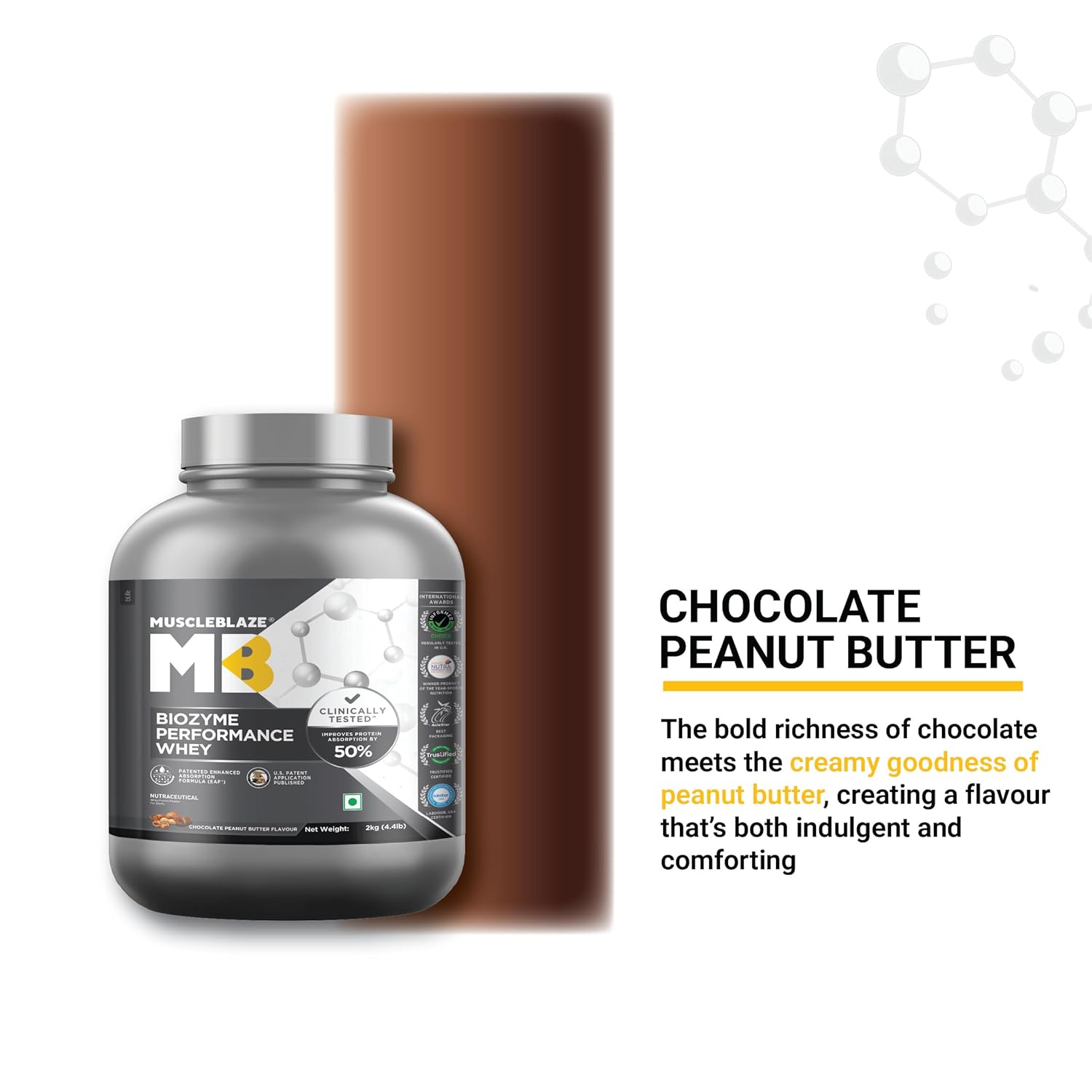 MuscleBlaze Biozyme Performance Whey Protein Powder, Chocolate Peanut Butter (2kg / 4.4lbs) | 25g Protein Per Scoop | Clinically Tested 50% Higher Protein Absorption