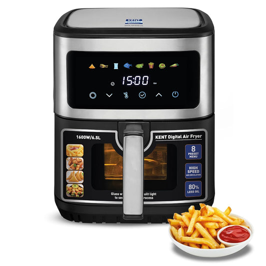 KENT Digital Air Fryer 6.5L,1600W,Bake,Grill & Roast,Up To 80% Less Oil Usage,Rapid Heat Circulation,8 Preset Menu,Digital Display & Touch Control Panel,Glass Window With In Built Light,Black