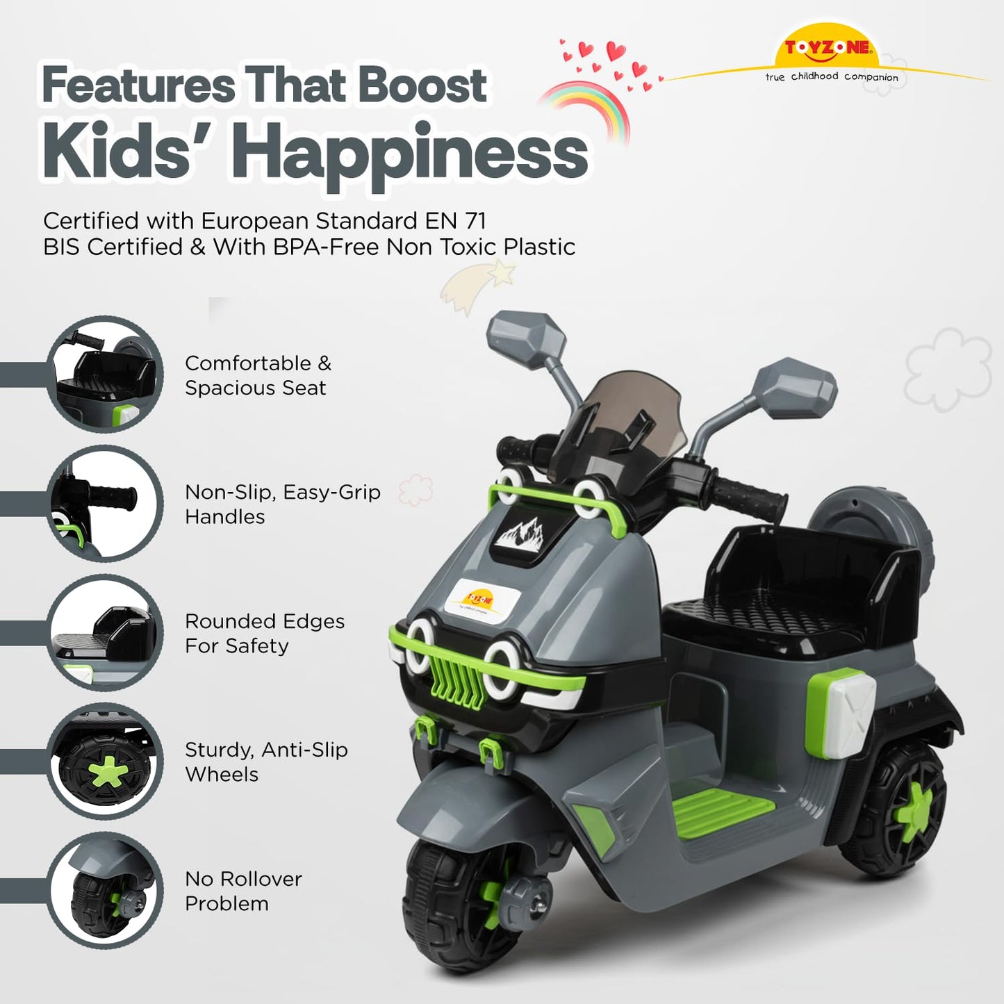 Toyzone Himalayan Electric Scooty - Grey | Rechargeable Scooty 6V | Powered by 6.5 ah Battery | Music Player with Bluetoooth & USB | 6 Month Warranty on Battery | Make in India | for Kids 2+ Years