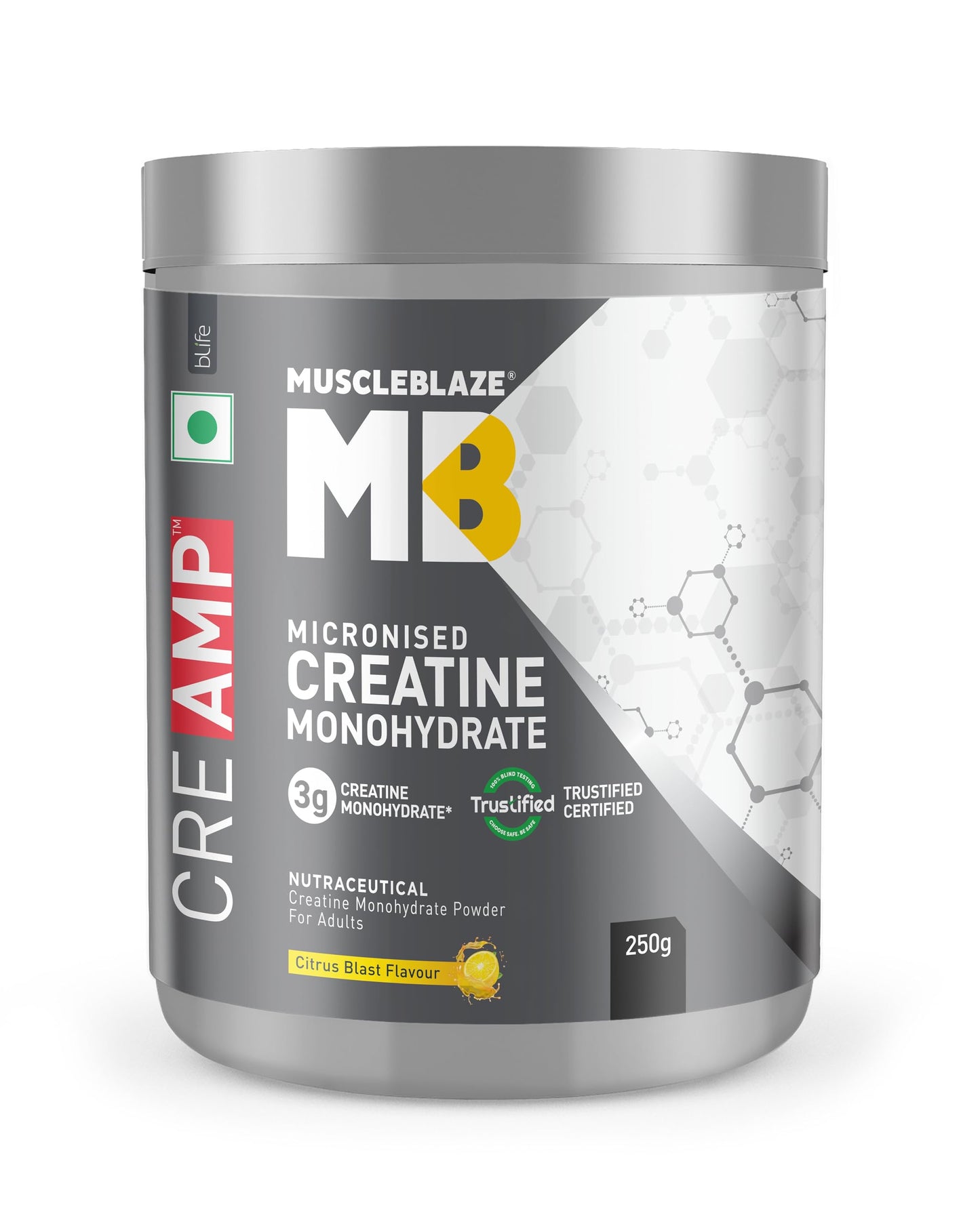 MuscleBlaze Micronised Creatine Monohydrate CreAMP Powder, Unflavoured (32 Servings, 100g) | Trustified Certified Creatine