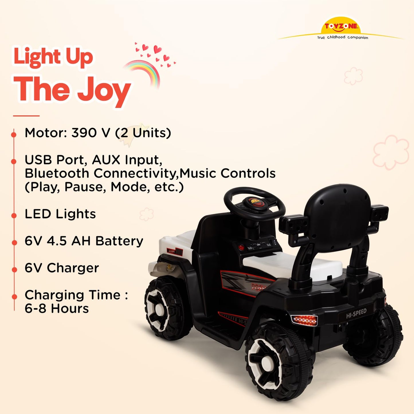 Toyzone Impex Pvt Ltd Posh Electric Car Ride On Jeep(Without Remote)- White|Rechargeable Car 6V & 6.5Ah Battery|Music Player With Bluetoooth & USB |6 Month Battery Warranty|Make In India|Kids 2+ Years