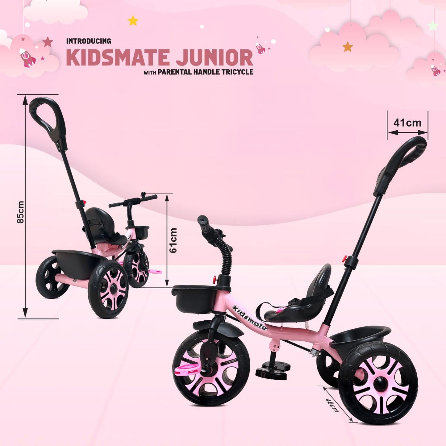 Kidsmate Junior Tricycle for Kids with Parental Control | Cycle for Kids 1-4 Years | Baby Cycle | Bicycle for Kids with Storage Basket, Cushion Seat and Seat Belt Carrying Capacity 30 Kgs (Pink) - Springkart 