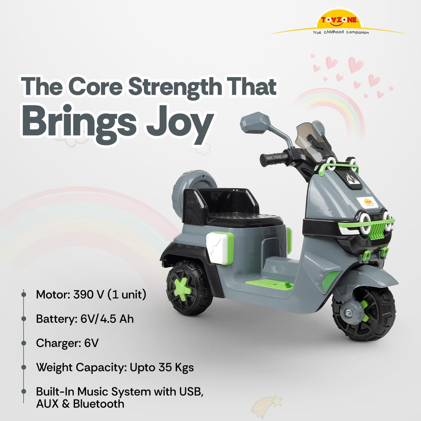 Toyzone Himalayan Electric Scooty - Grey | Rechargeable Scooty 6V | Powered by 6.5 ah Battery | Music Player with Bluetoooth & USB | 6 Month Warranty on Battery | Make in India | for Kids 2+ Years