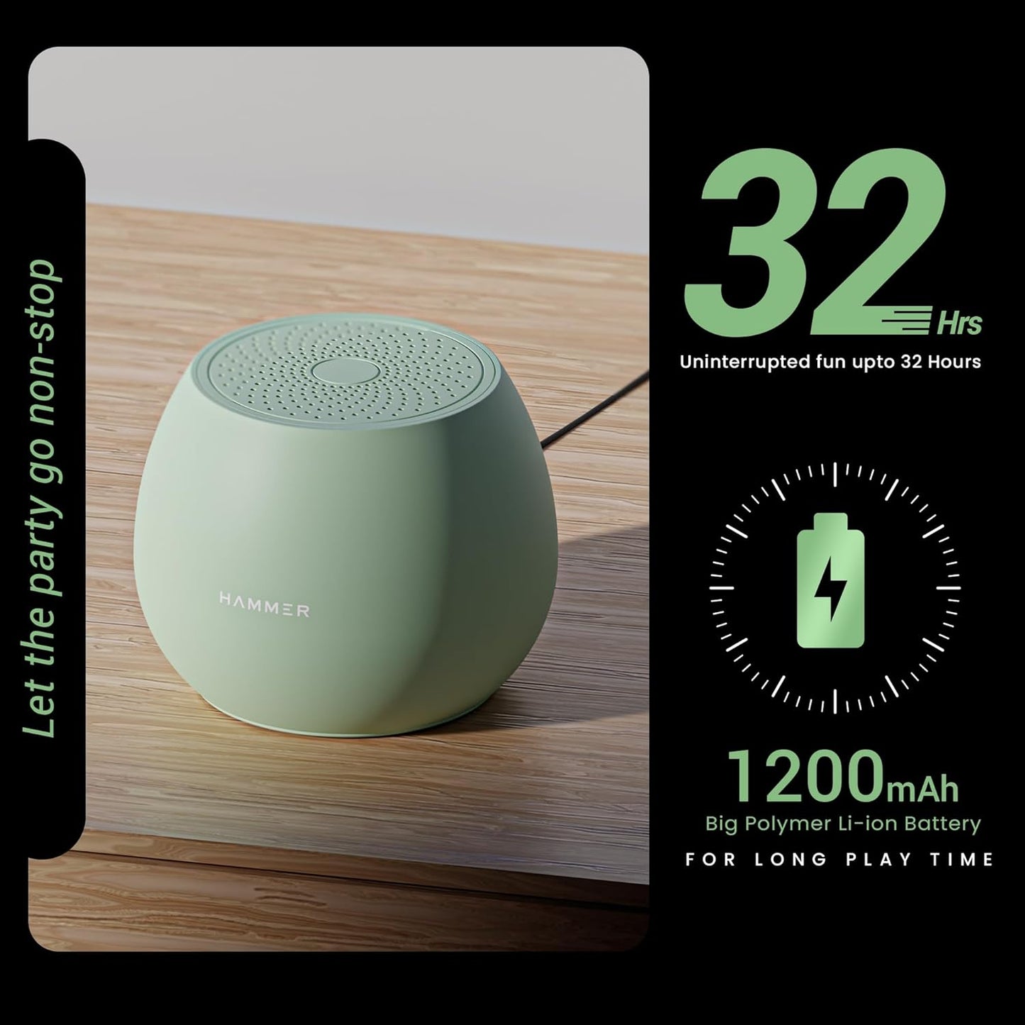 HAMMER Drop 5W Bluetooth Wireless Speaker with Twin Pairing, 1200 mAh Battery, 100H Standby Time, TWS Function, TF Card, USB Slot, Auto-Pairing, in-Built Mic, Type-C Charging, 52mm Driver (Green)