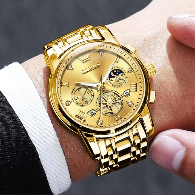OLEVS Mens Chronograph Watch Gold Silver Stainless Steel Chain Quartz Wrist Watches Business Dress Waterproof Luminous Date Watch