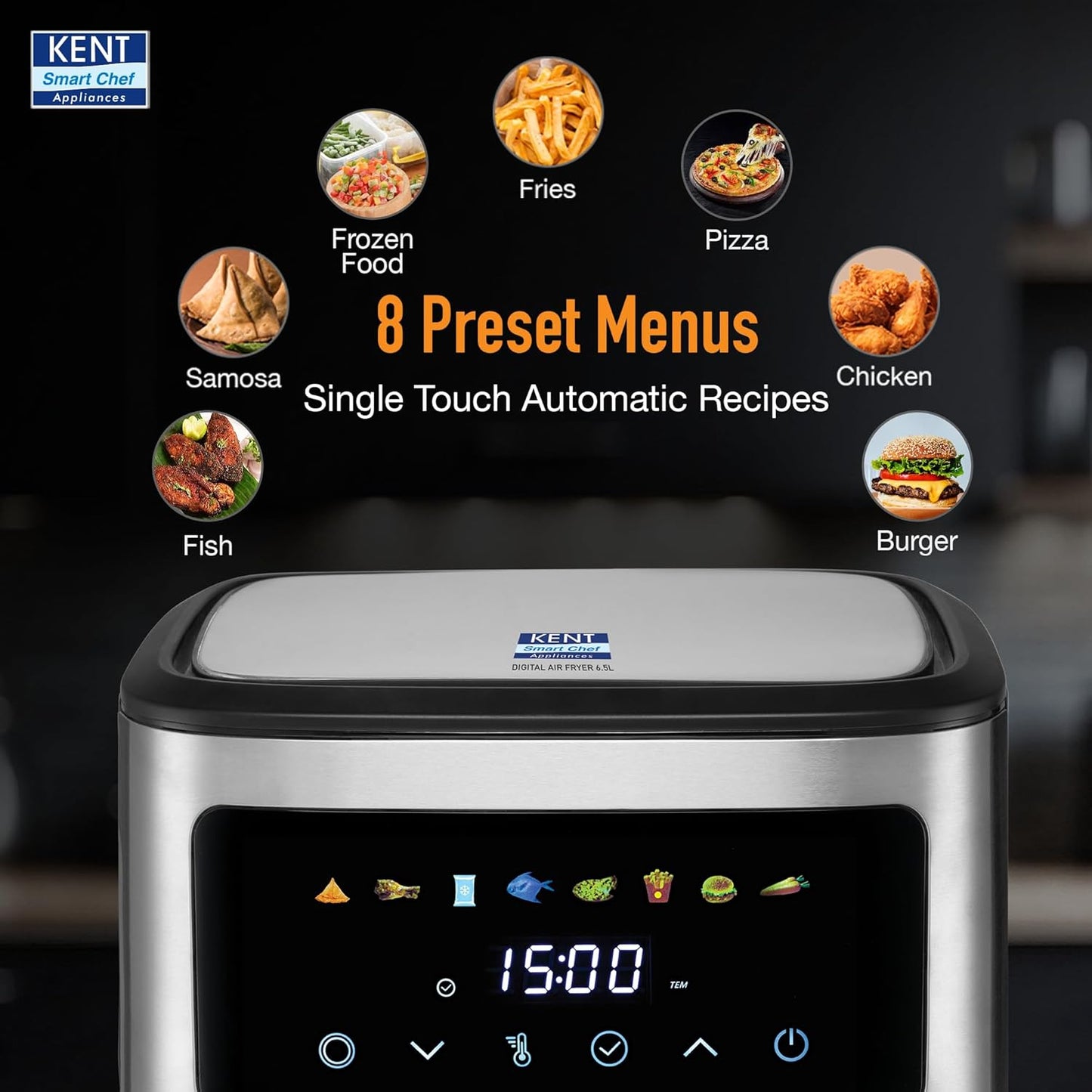 KENT Digital Air Fryer 6.5L,1600W,Bake,Grill & Roast,Up To 80% Less Oil Usage,Rapid Heat Circulation,8 Preset Menu,Digital Display & Touch Control Panel,Glass Window With In Built Light,Black