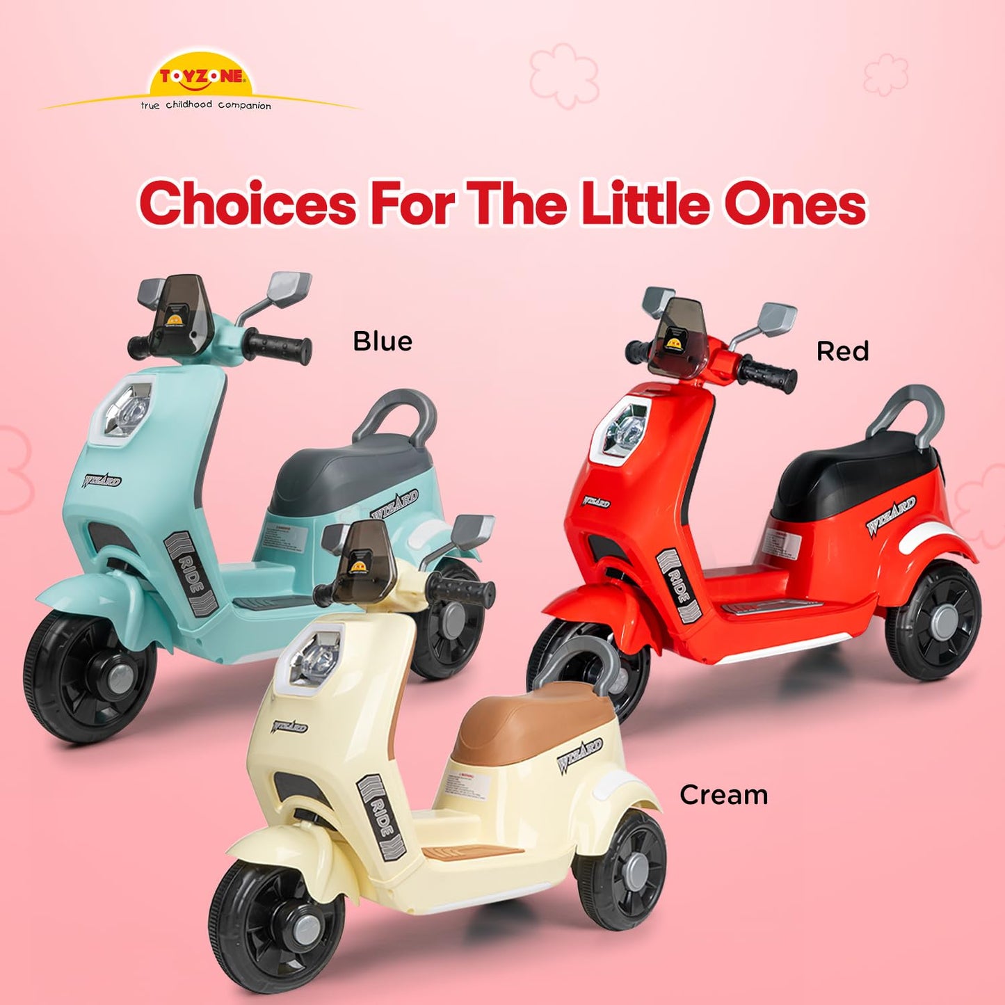Toyzone Wizard Electric Scooty | Rechargeable Scooty 6V | Powered by 6.5 ah Battery | Music Player with Bluetoooth & USB | 6 Month Warranty on Battery | Make in India | for Kids 2+ Years (Red)