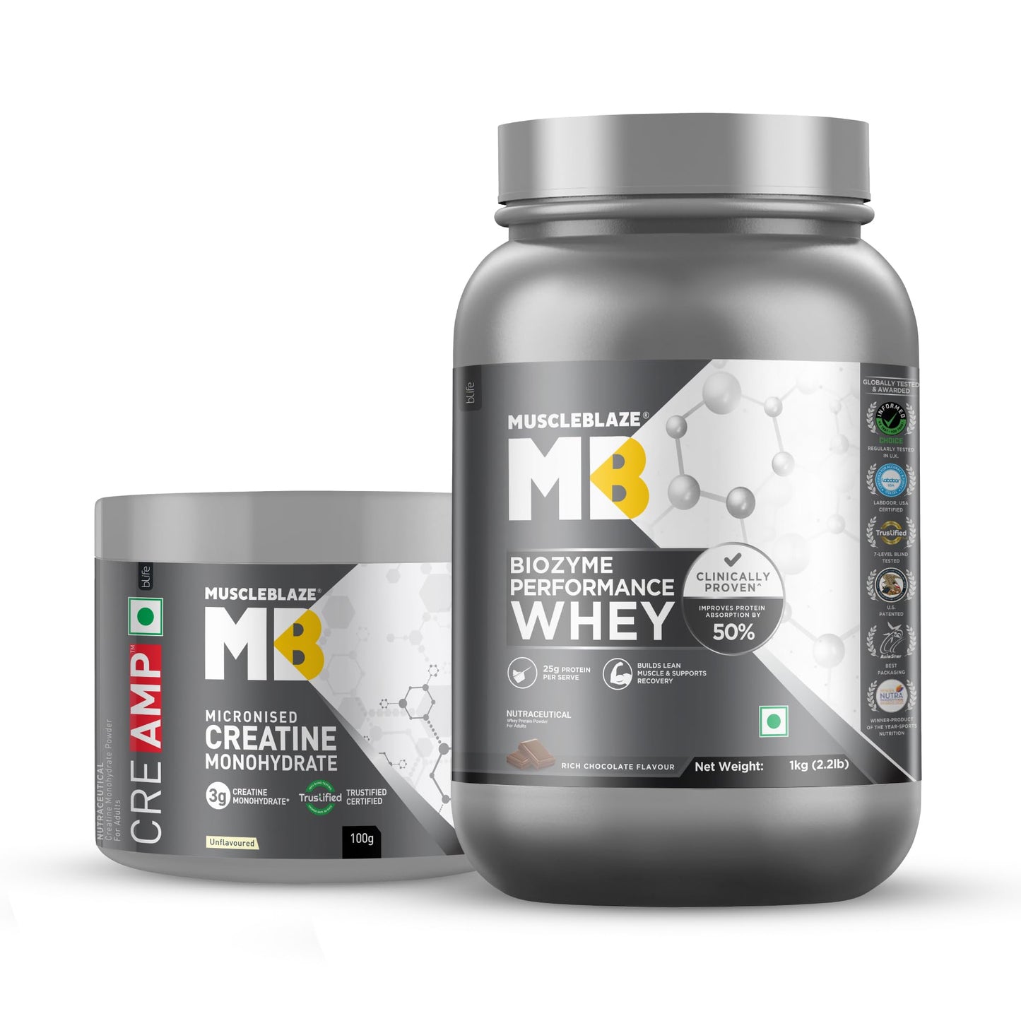 MuscleBlaze Biozyme Performance Whey Protein Powder, 1kg (2.2lbs) | Magical Mango | 25g Protein Per Scoop | Clinically Tested 50% Higher Protein Absorption