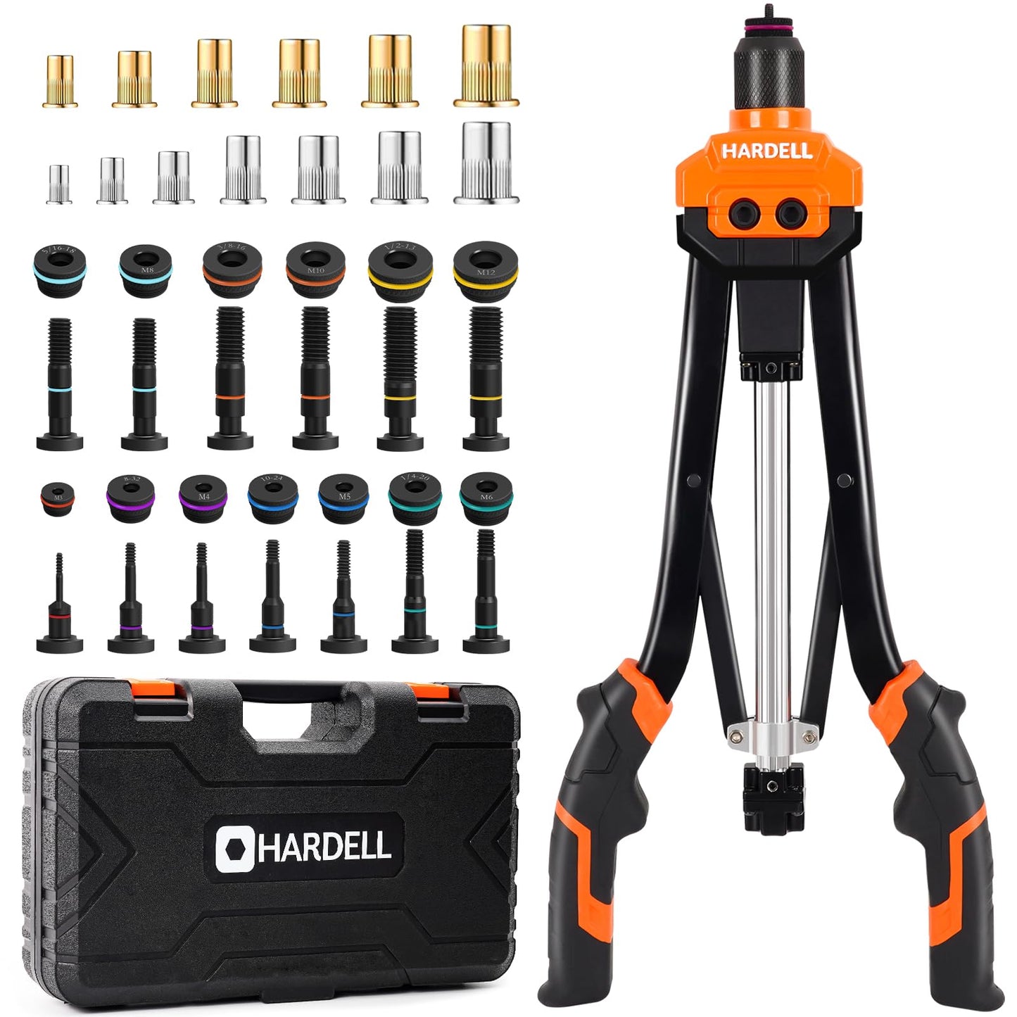 HARDELL Rivet Nuts Tool, 14" Hand Rivet Tool Kits with 100Pcs Rivet Nuts and 7 Metric & Inch Mandrels M6 M8 M10, 1/4-20, 5/16-18, 3/8-16, 10-24 and Rugged Carrying Case - Springkart 