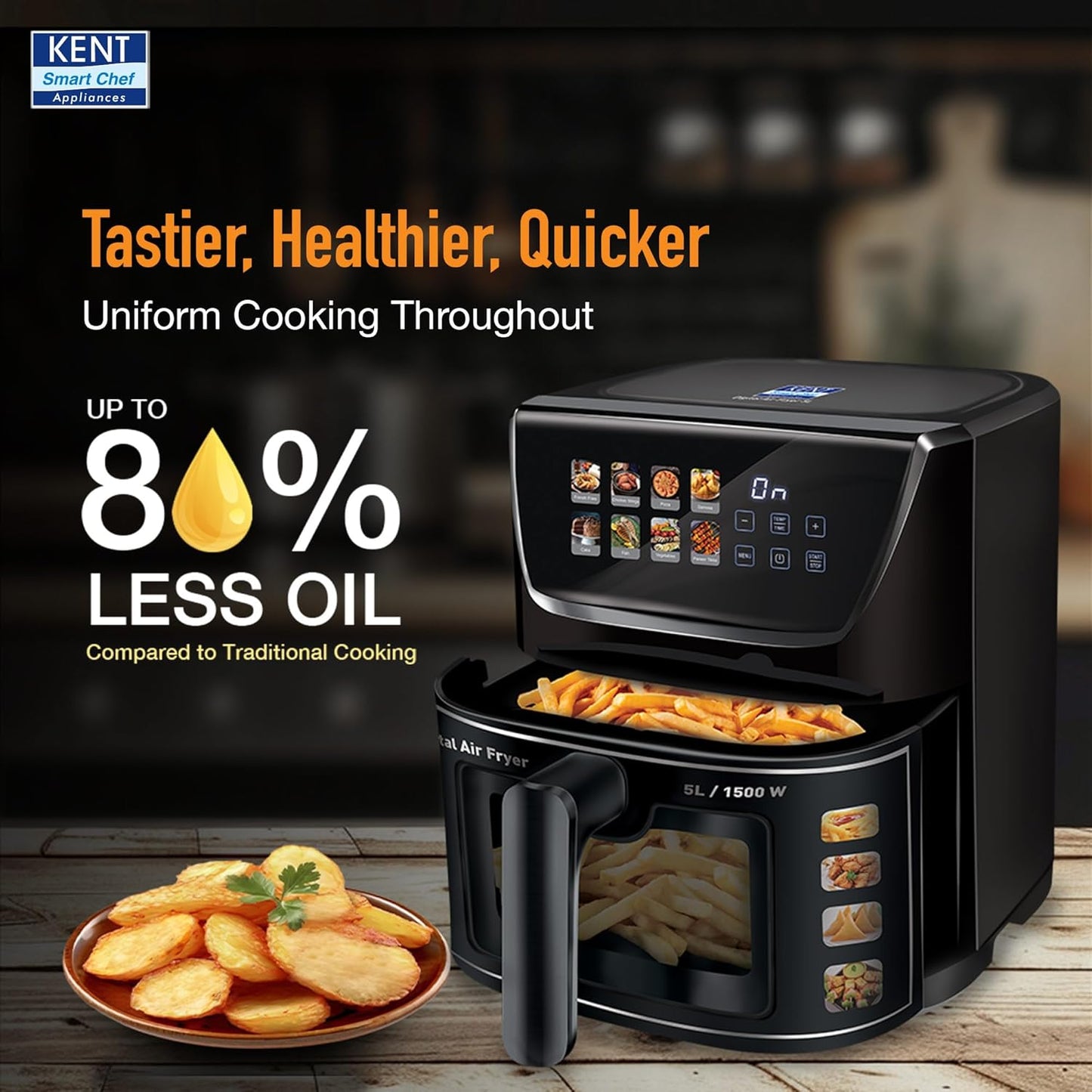 KENT Ultra Digital Air Fryer 5L | 1500W | Bake, Grill & Roast | Up to 80% Less Oil Usage |8 Preset Menu|Rapid Heat Circulation |Digital Display & Touch Control Panel |Glass Window with in built Light