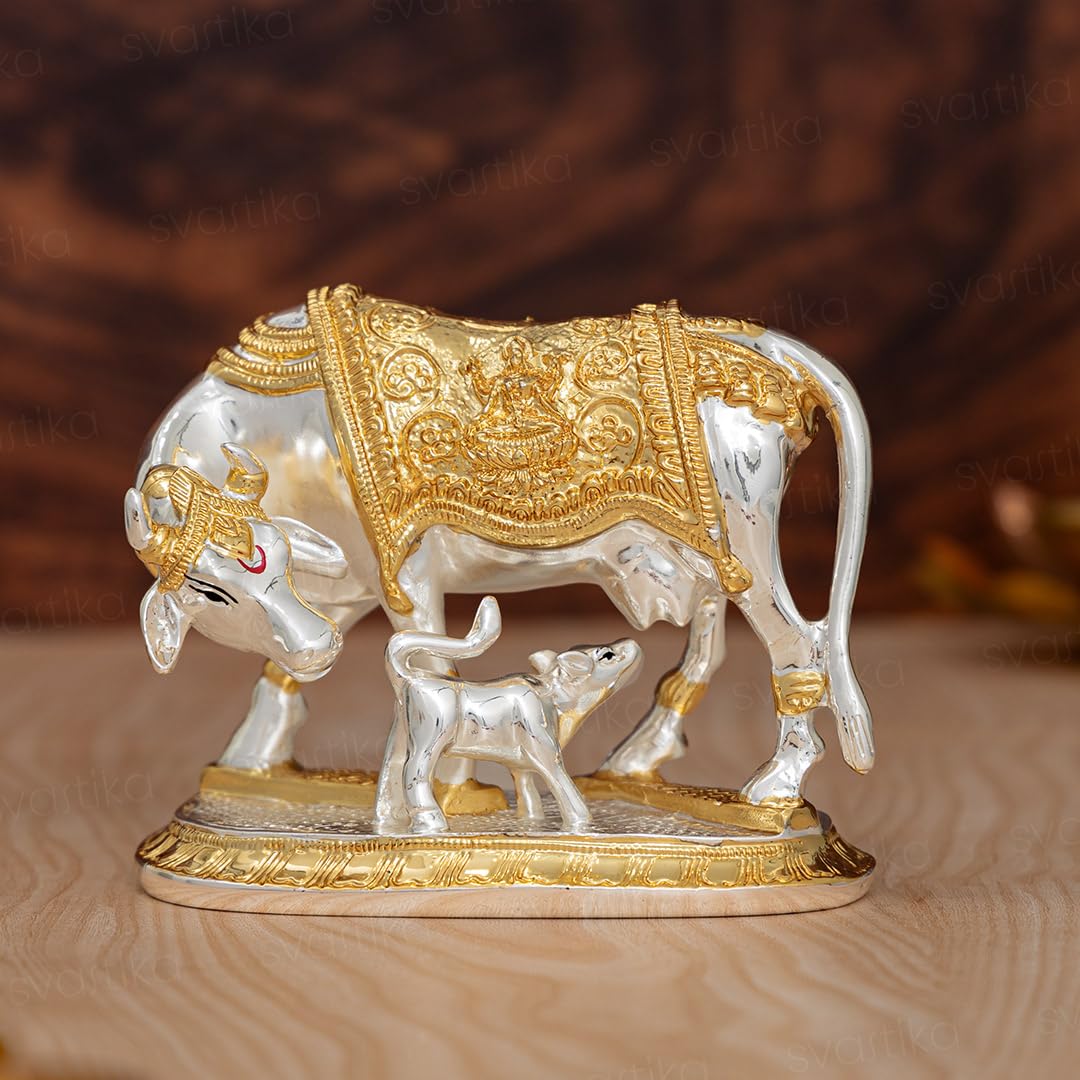 Svastika Vastu Kamdhenu Cow with Calf Idol | 24K Gold & 999 Silver Plated | Excellent Vastu Correction Remedy for Financial Problems | Wedding & Housewarming Gift - Springkart 