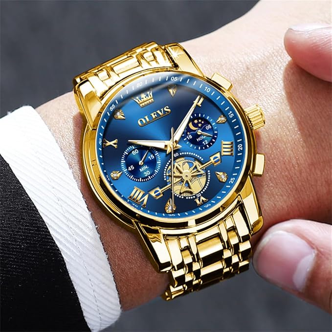 Buy OLEVS Mens Chronograph Watches Gold Stainless Steel Chain Quartz Wrist Watches Business Dress Waterproof Luminous Date Watch at Amazon.in