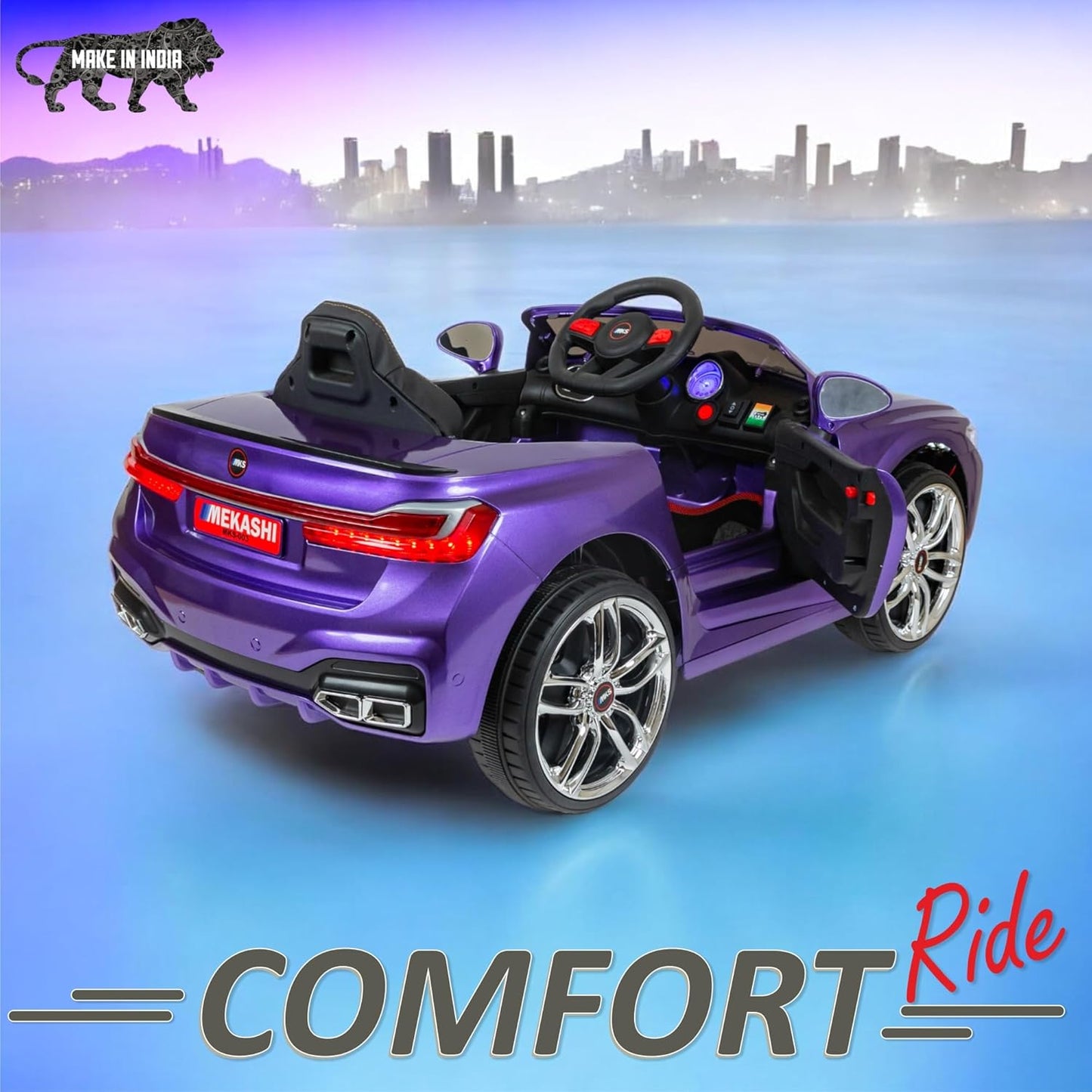 MEKASHI Electric Ride on Car for Kids, Parental Remote, 12V Rechargeable Battery, 3 Speed, LED Lights, Music, Bluetooth, 1 to 7 years, Swing Function, Long Wheelbase, ISI Mark, MKS003D-Metallic Violet