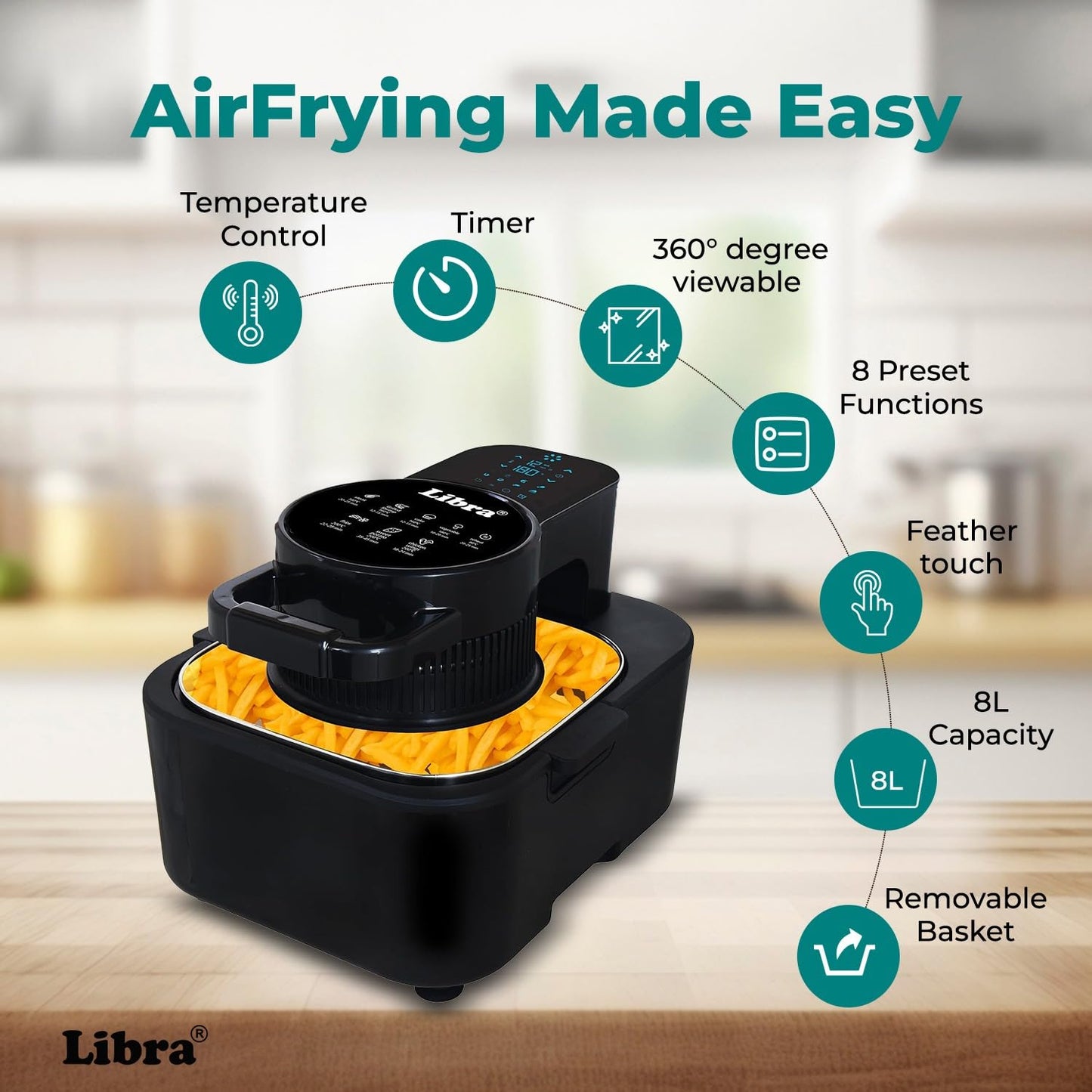 Libra 8 Litre Digital Air Fryer for Home | 1740 Watts Powerful Air Fryer | 9-in-1 Function: Air Fry, Toast, Grill, Bake, Reheat & Keep Warm | Fast & Even Cooking | Feather Touch LED Display Black
