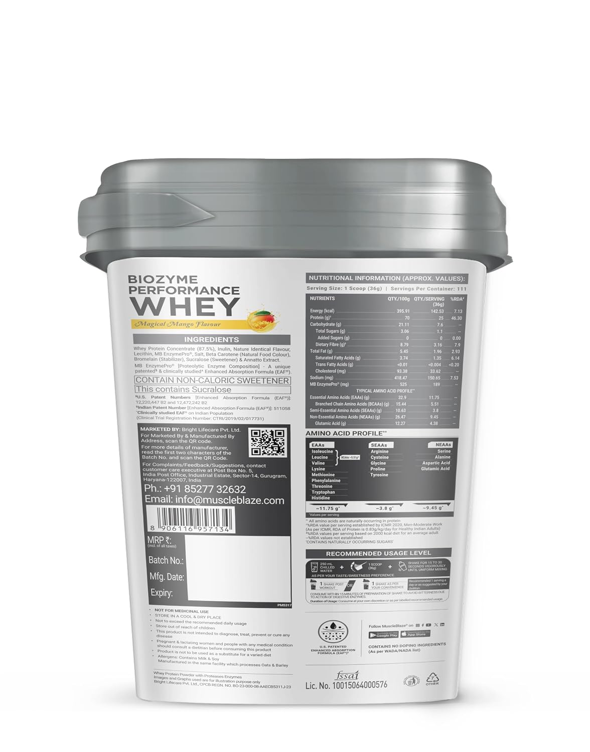 MuscleBlaze Biozyme Performance Whey Protein, 4kg + Creatine 100g