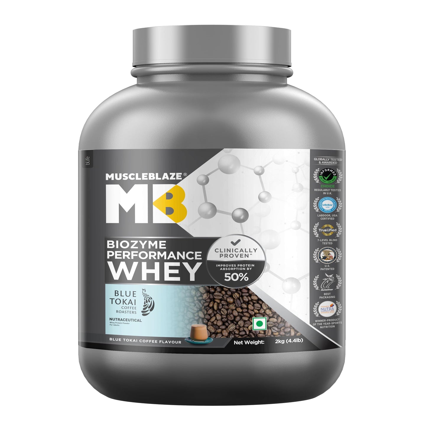 MuscleBlaze Biozyme Performance Whey Protein Powder, 1kg (2.2lbs) | Magical Mango | 25g Protein Per Scoop | Clinically Tested 50% Higher Protein Absorption