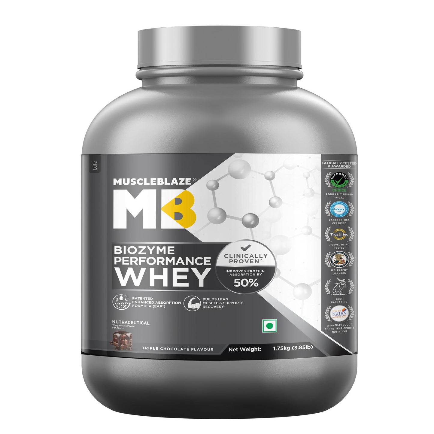 MuscleBlaze Biozyme Performance Whey Protein Powder, Rich Chocolate (1kg / 2.2lbs) | 25g Protein Per Scoop | Clinically Tested 50% Higher Protein Absorption