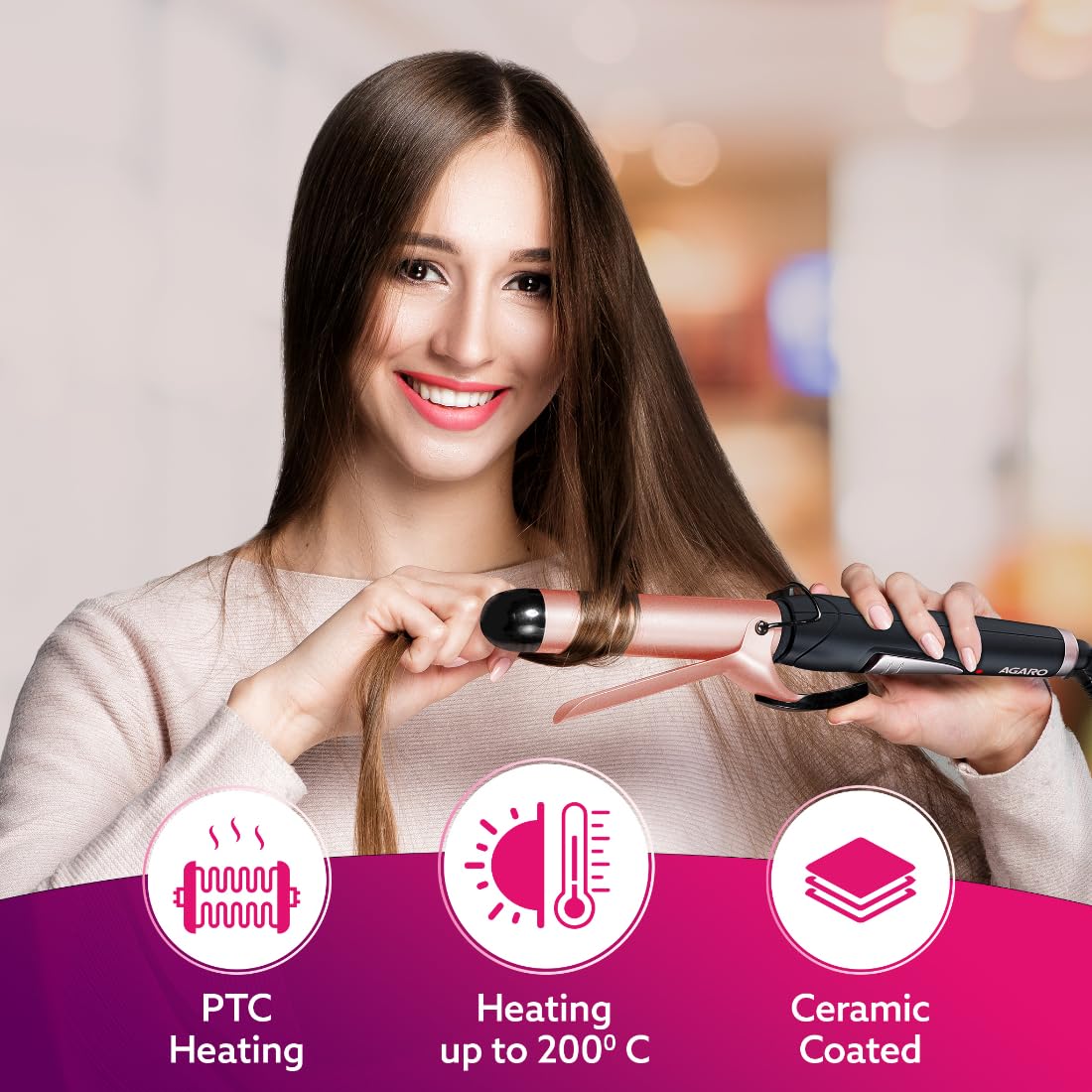AGARO HC6001 Hair Curler with 25MM Barrel, Rod, Tong, Tourmaline Infused Ceramic Coated Plates, Cool Touch Tip, Fast Heating, for Women, Long and Short Hair Curling, Styling, Black & Rose Gold