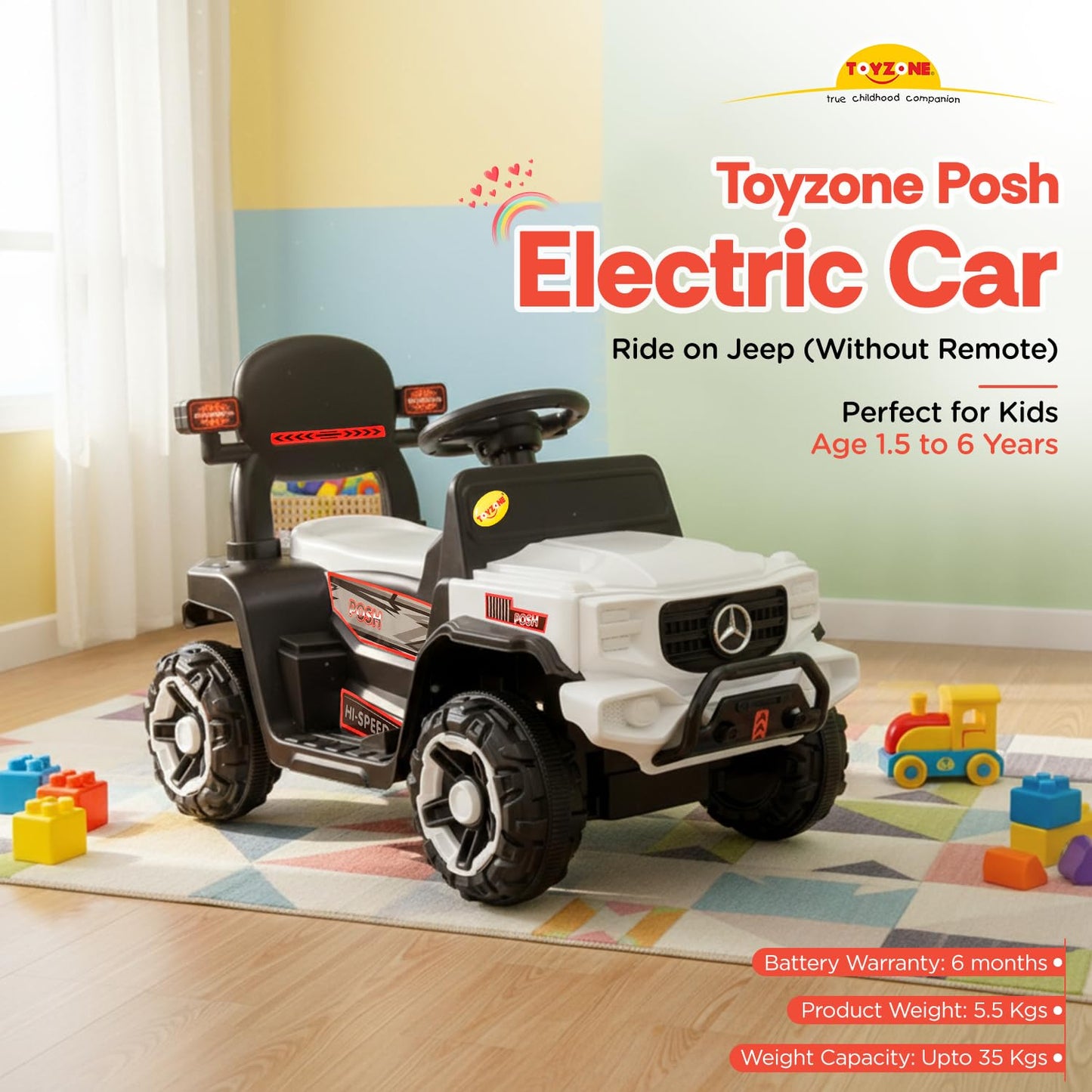 Toyzone Impex Pvt Ltd Posh Electric Car Ride On Jeep(Without Remote)- White|Rechargeable Car 6V & 6.5Ah Battery|Music Player With Bluetoooth & USB |6 Month Battery Warranty|Make In India|Kids 2+ Years