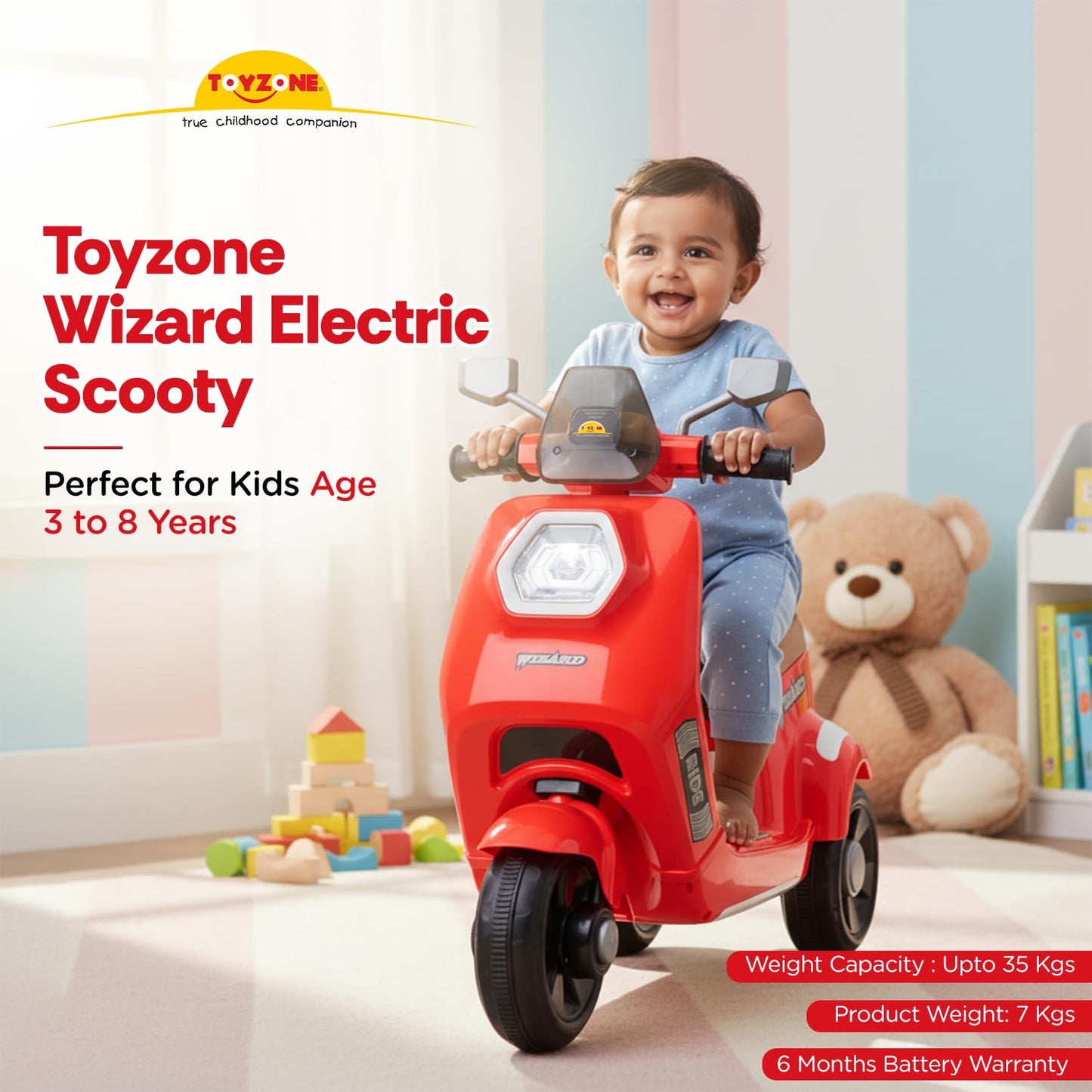 Toyzone Wizard Electric Scooty | Rechargeable Scooty 6V | Powered by 6.5 ah Battery | Music Player with Bluetoooth & USB | 6 Month Warranty on Battery | Make in India | for Kids 2+ Years (Red)