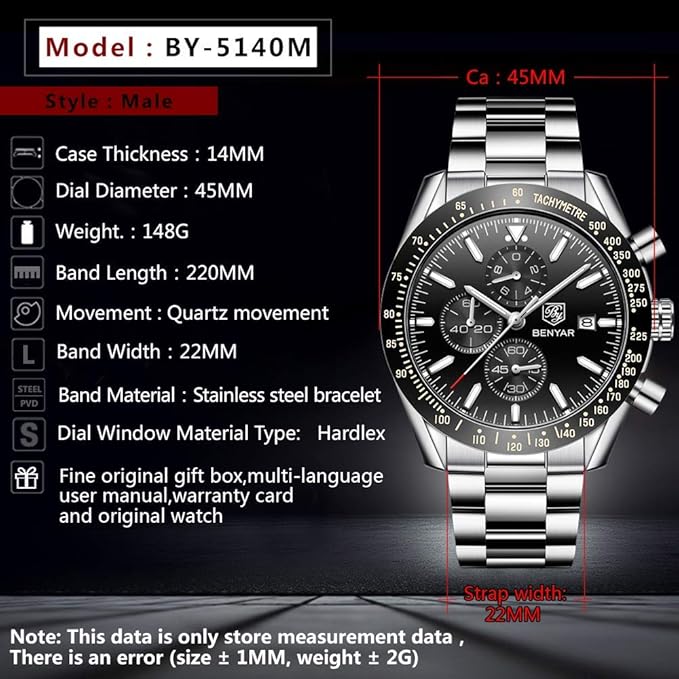 BENYAR Men's Luxury Chronograph Watch – Business, Casual | Quartz Movement with Date Display | Stylish Wristwatch | Gift for Men