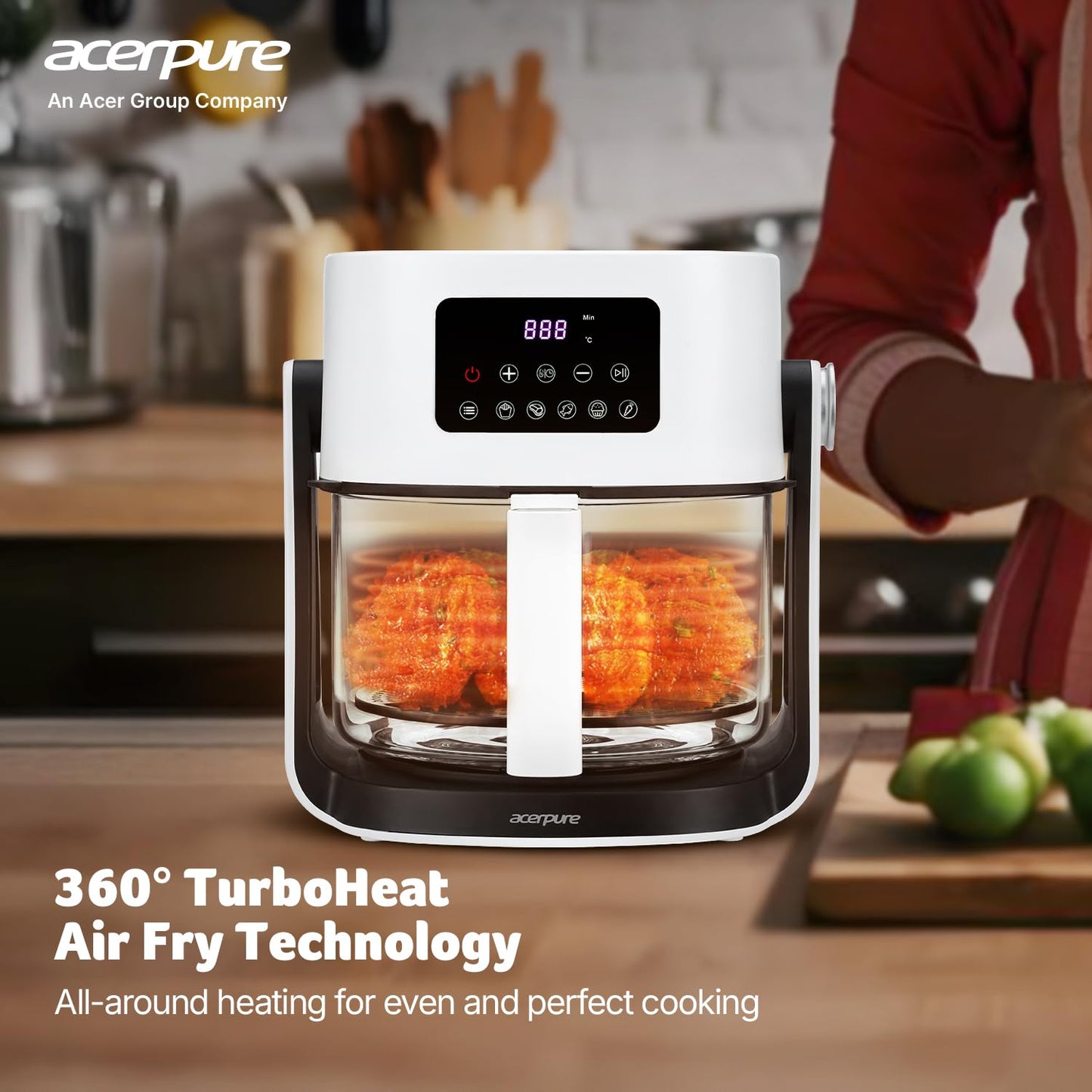 Acerpure Air Fryer | 100% Glass Bowl | 90% Less Oil | 5.5L Air Fryer + 2.5L Cooking Pot | Air Fry, Toast, Reheat, Grill, Cook | 360° TurboHeat Technology | Preset Modes | 1500 Watts | White