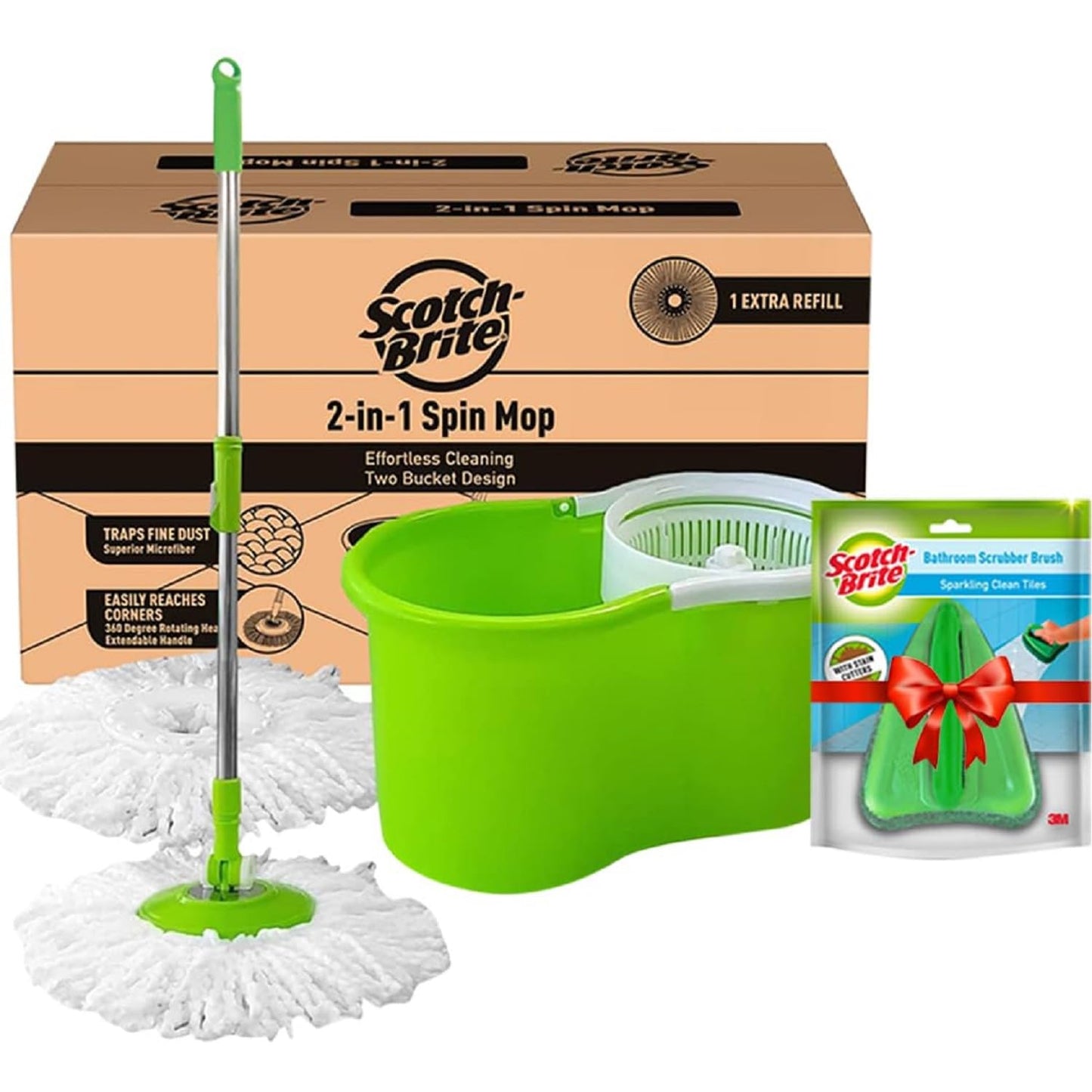 Scotch-Brite 2-in-1 Bucket Spin Mop (Green, 2 Refills), 4 Pcs
