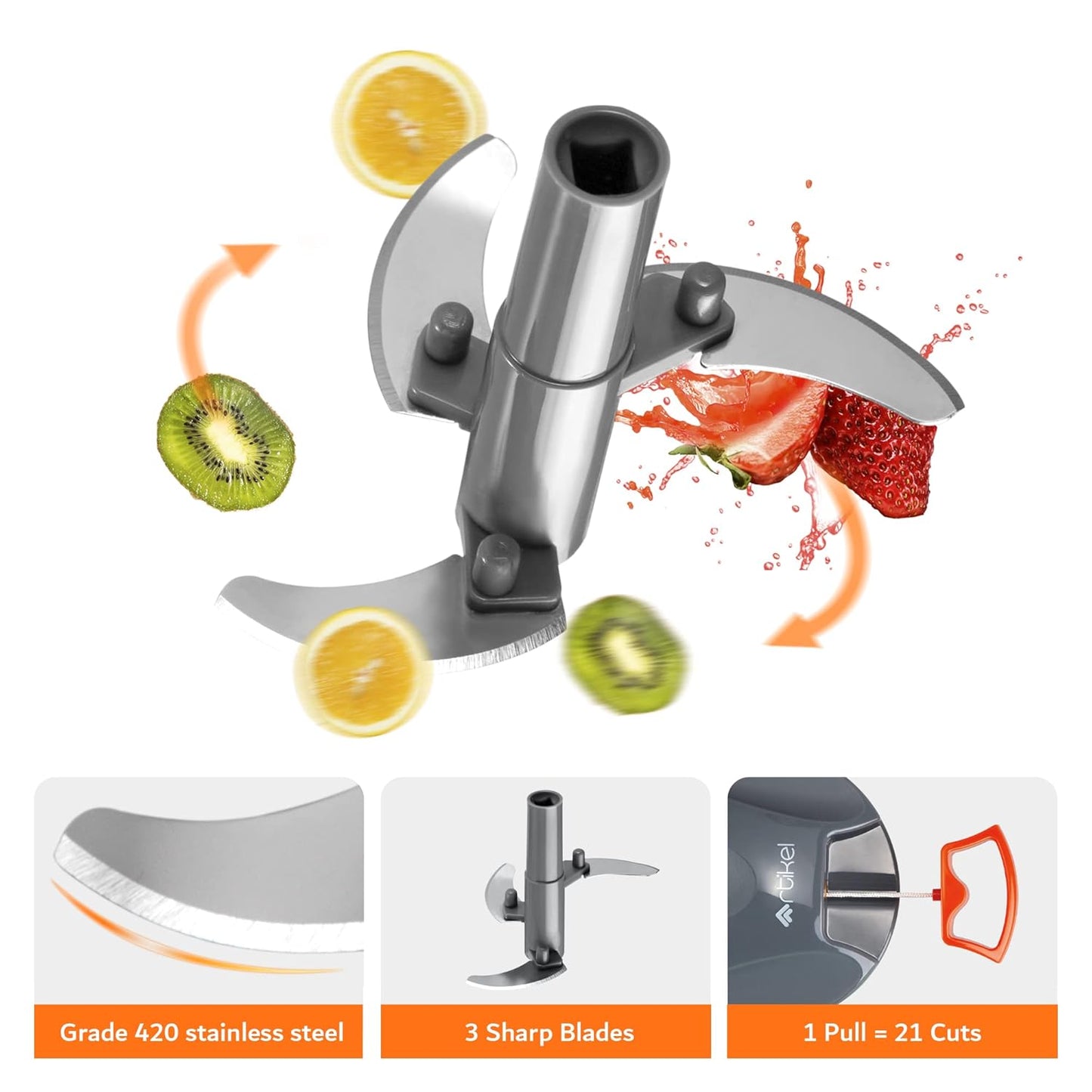 Artikel Manual Chopper with Storage Lid | Chops Vegetables, Nuts & Fruits | Meat Mincer | Medium - 650 mlGrey & Orange - Springkart 