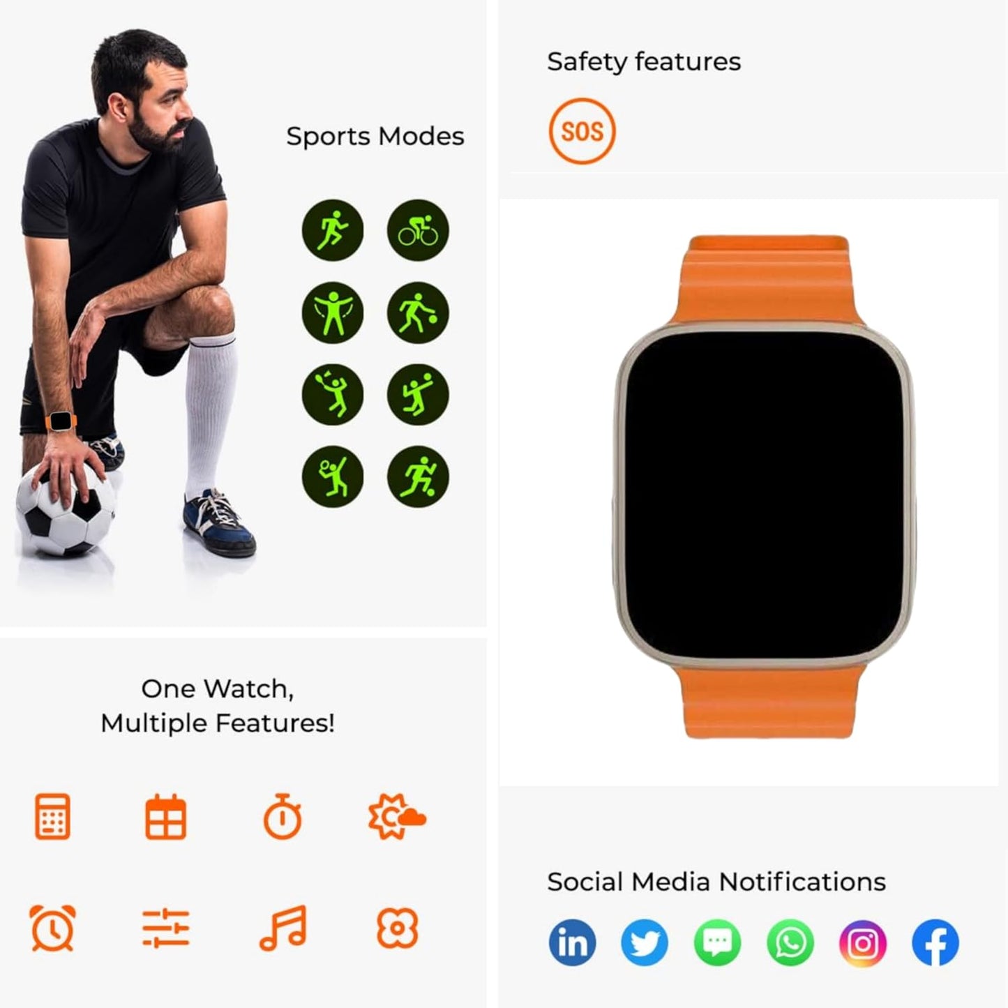Like Star® T800 Ultra Smart Watch with Beautiful Strap, Bluetooth Calling Smart Watch, 1.99" Touch Display with Fitness & Outdoor, Health & Medical Tracker, 8 Unique UI Interactions (Orange) - Springkart 